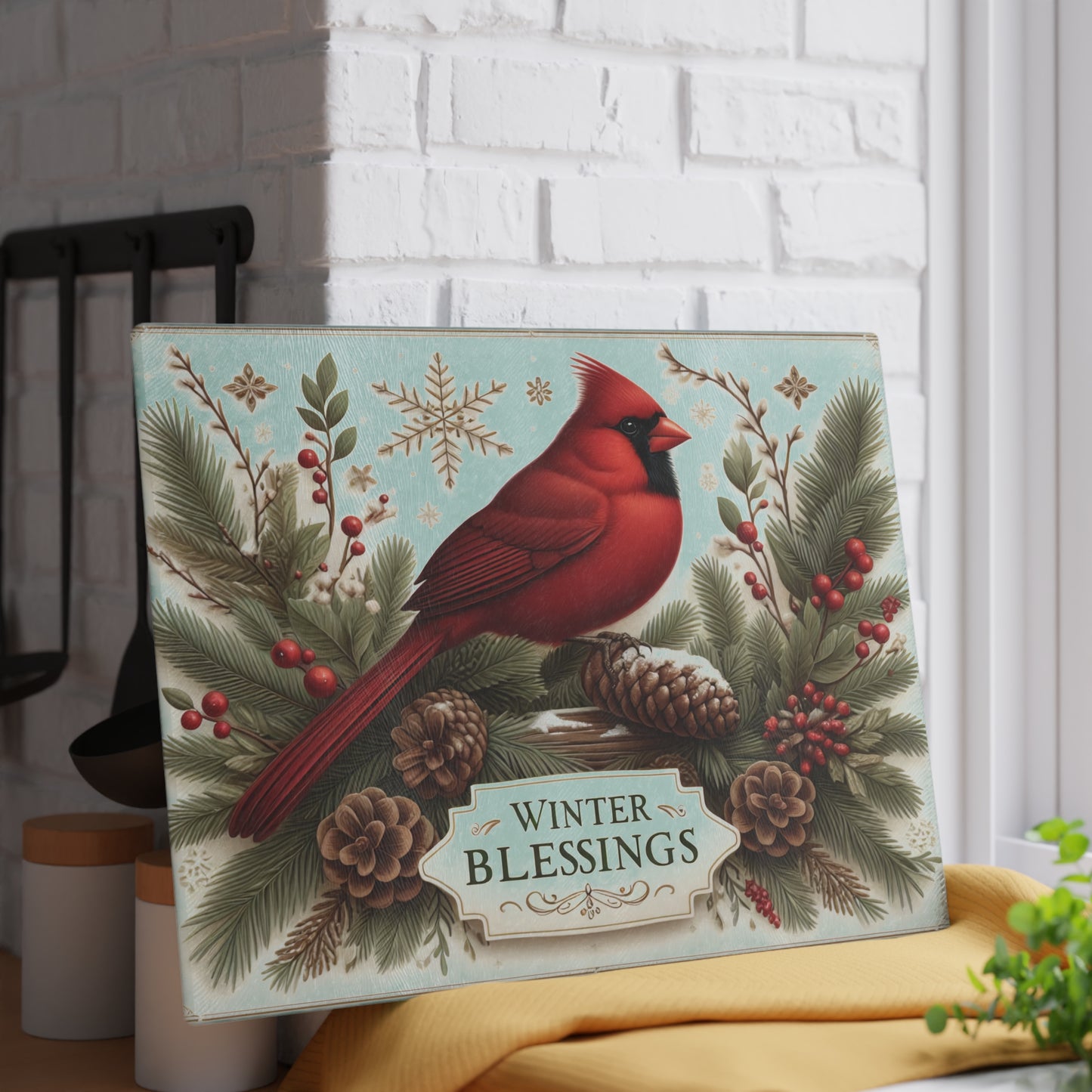 🕊️❄️ Winter Blessings Cardinal Cutting Board – Elegant Holiday Charm for Your Kitchen ❄️🕊️
