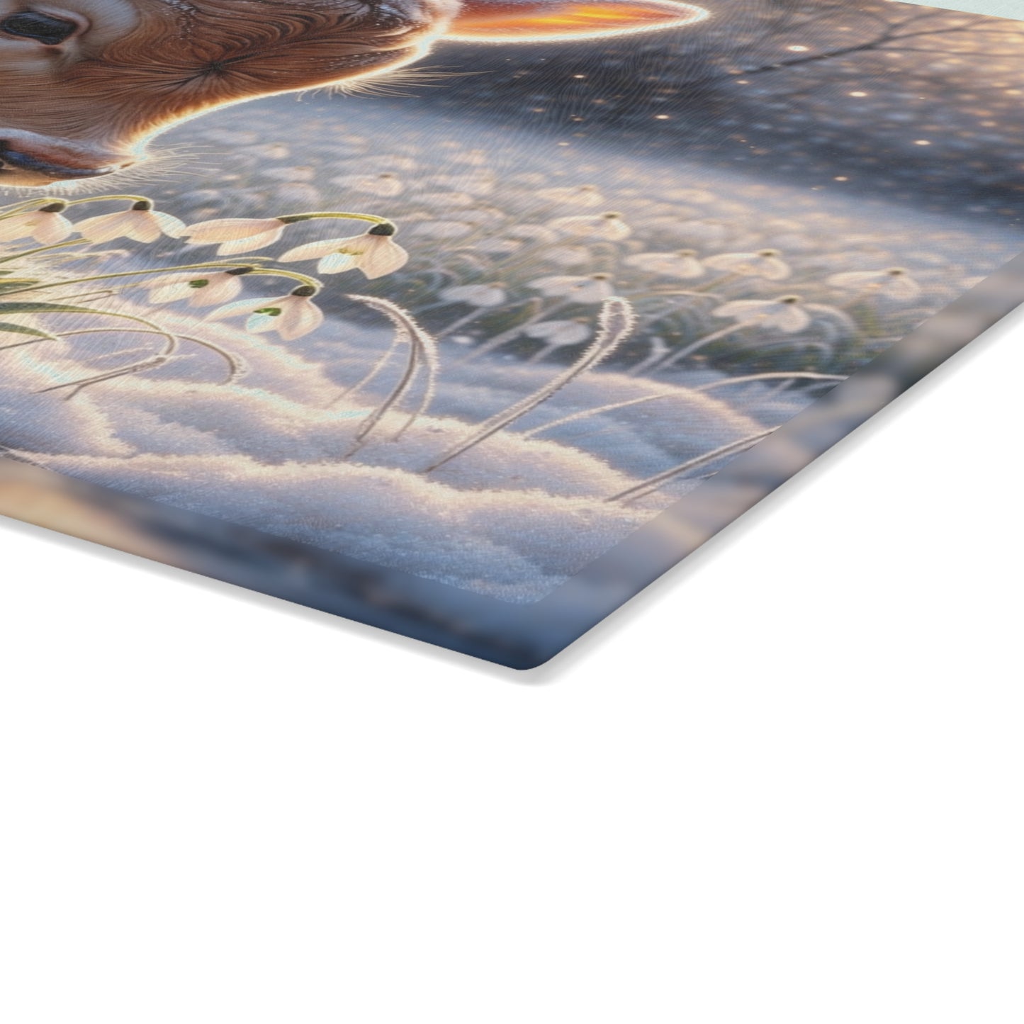 Frosted Meadow Calf Glass Cutting Board – Whimsical Winter Farm Art