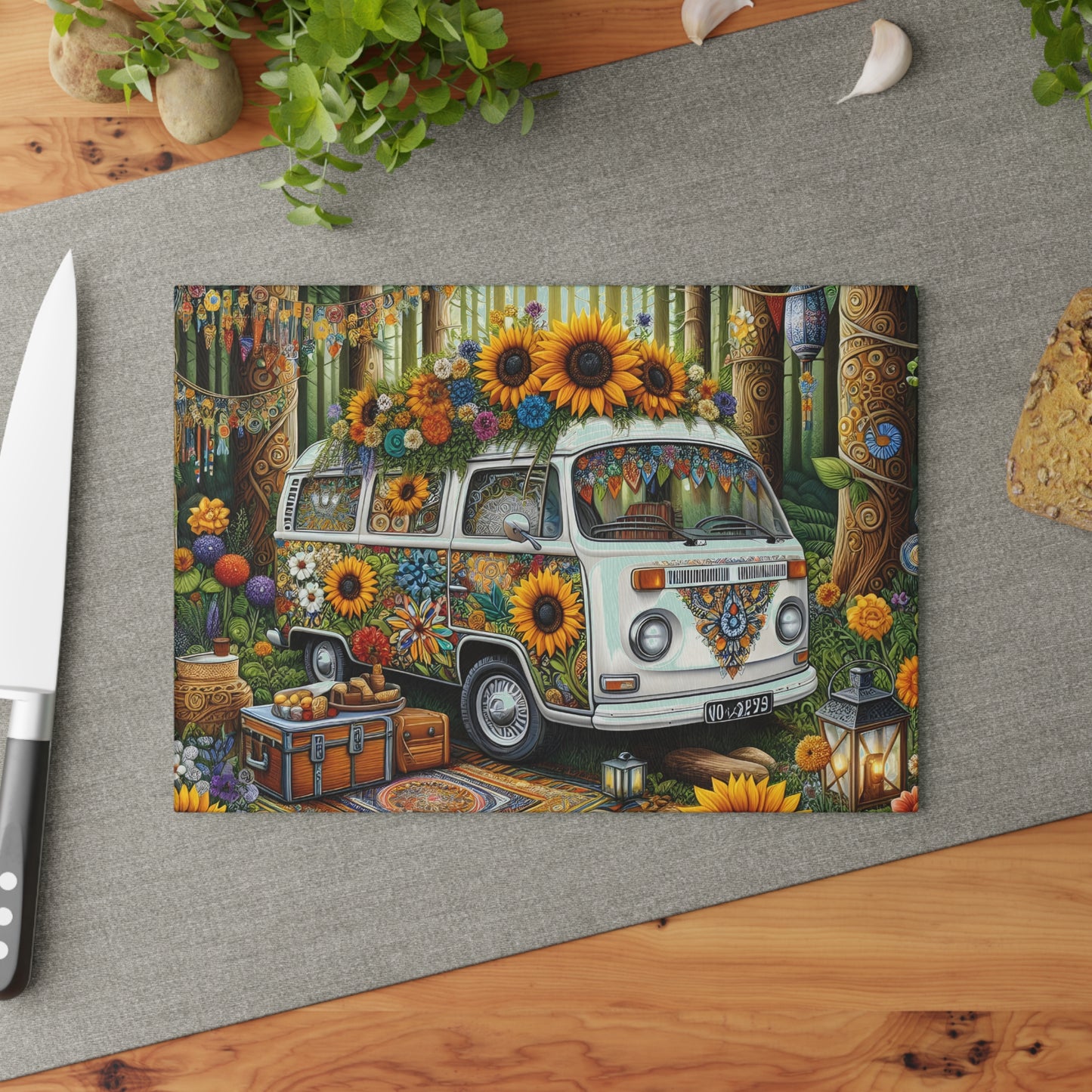 🌻 Boho Sunflower Van Cutting Board – Retro Vibes for Your Kitchen 🌼