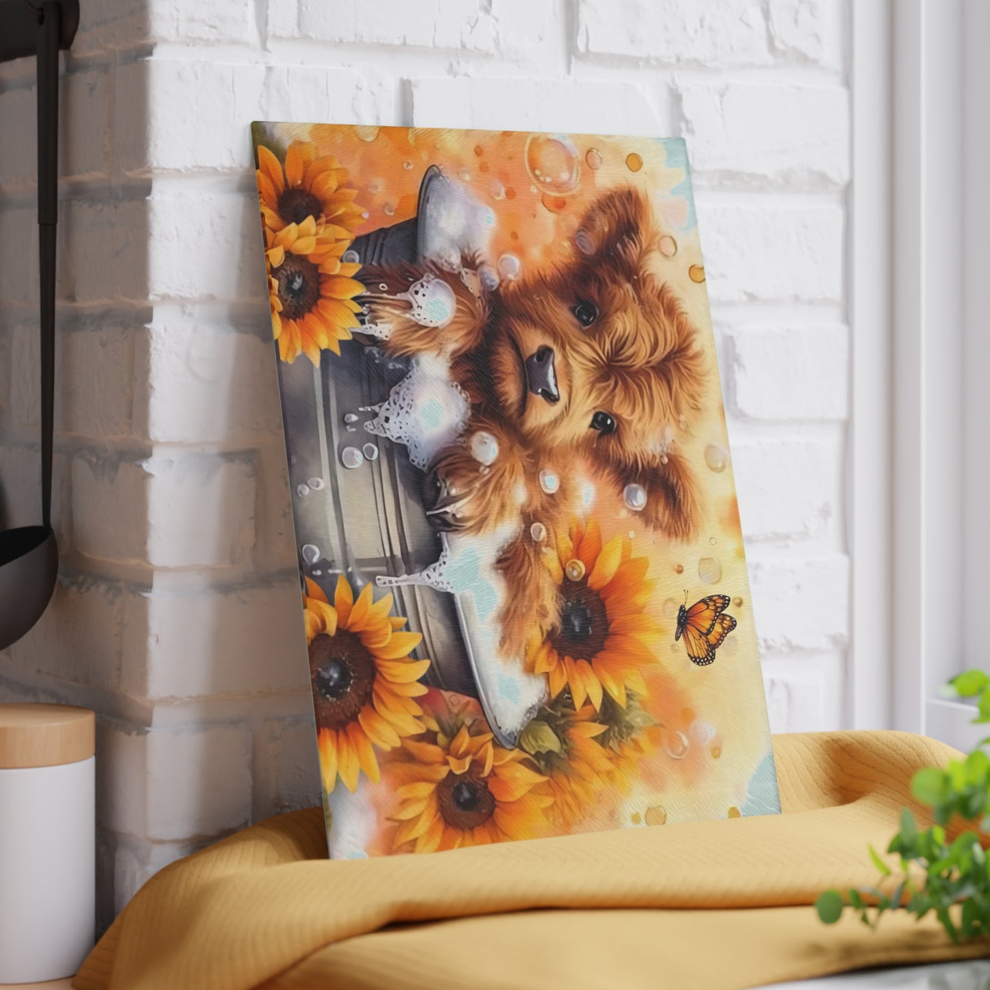 🐮🌻 Highland Calf Bubble Bath Cutting Board – Farmhouse Fun with a Sunny Twist