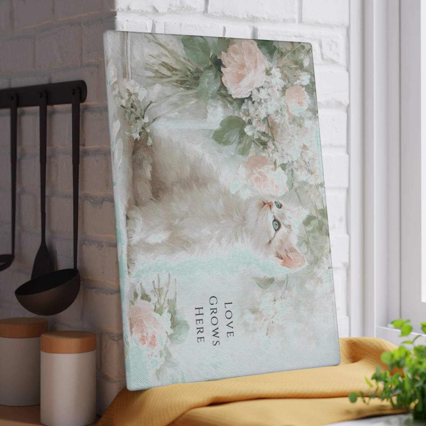 “Love Grows Here” Glass Cutting Board – Soft Cottage Floral Charm