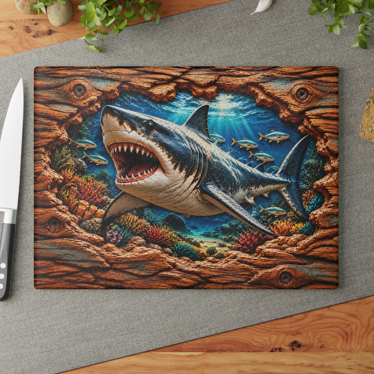 Great White Shark Glass Cutting Board – Fierce Open-Mouth Shark, Tropical Coral Reef & 3D Carved Wood Look