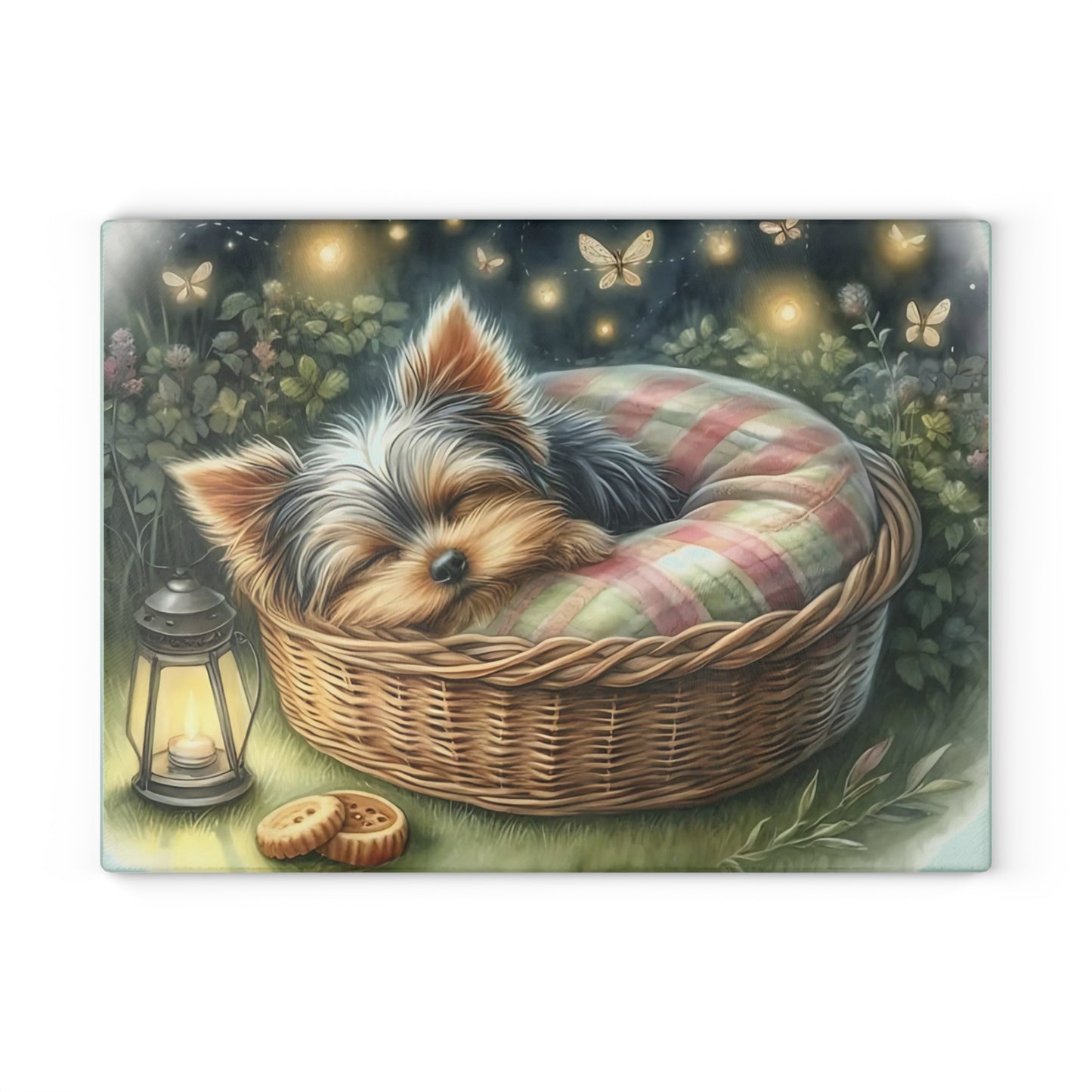🐾✨ Sleeping Yorkie in Basket Cutting Board – Dreamy Garden Charm for Your Kitchen 🌙🕯️
