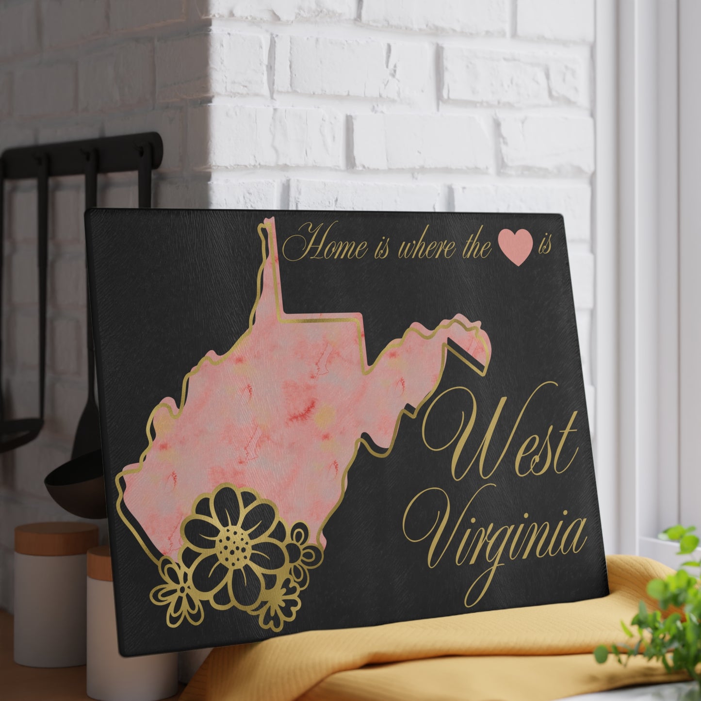 🏡 West Virginia Floral State Cutting Board – “Home is Where the Heart Is” in Blush & Gold 🌸