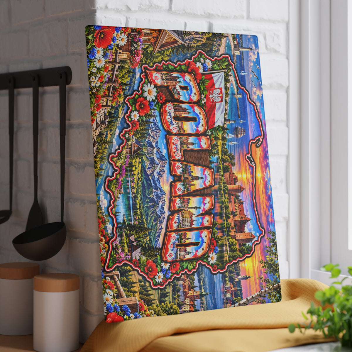 Poland Map Cutting Board – Colorful Polish Landmarks, Tatra Mountains, Medieval Castles, Baltic Coast & Patriotic Kitchen Décor