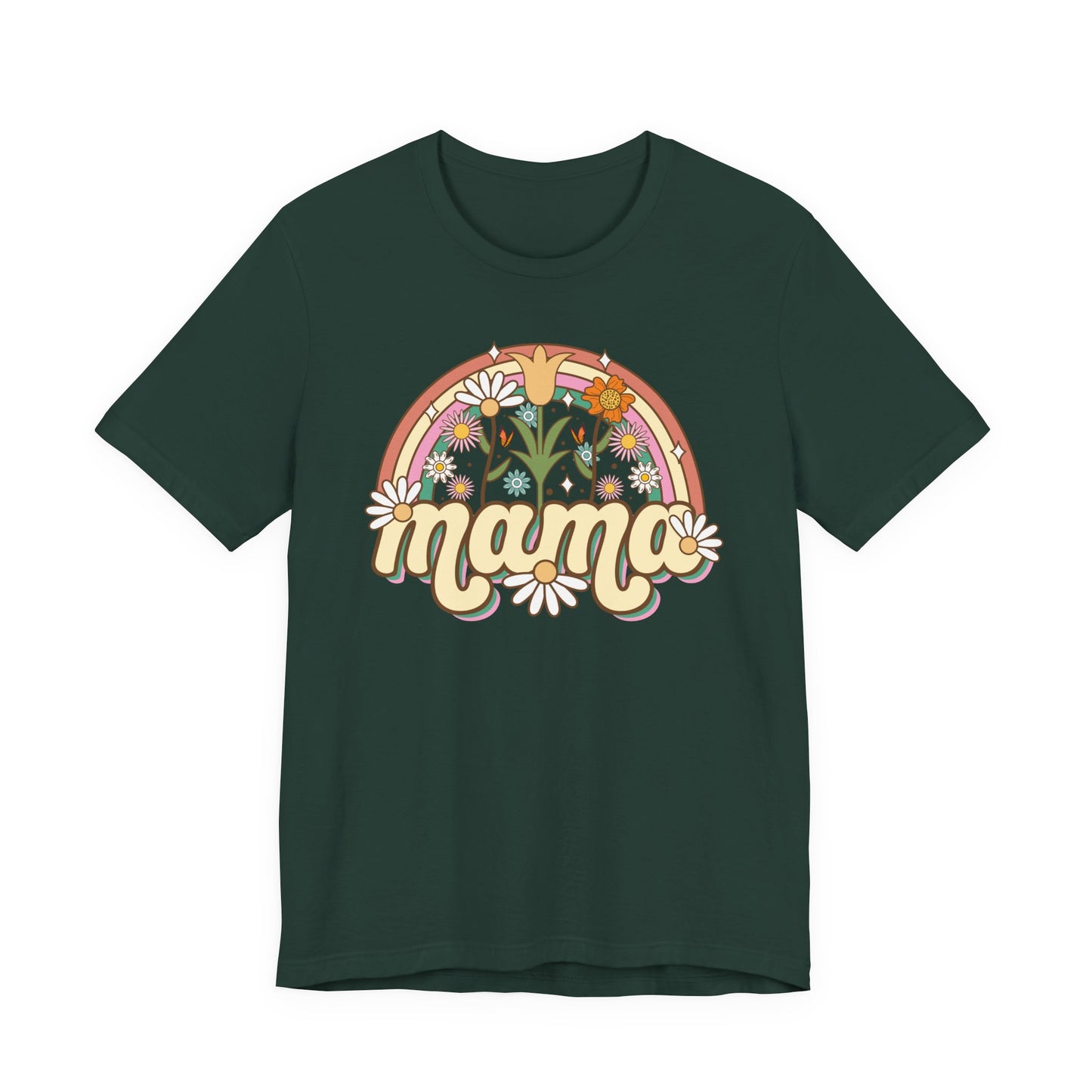 🌼🌈 Retro Floral Mama T-Shirt – Boho Rainbow Graphic Tee for Moms 🌻✨
