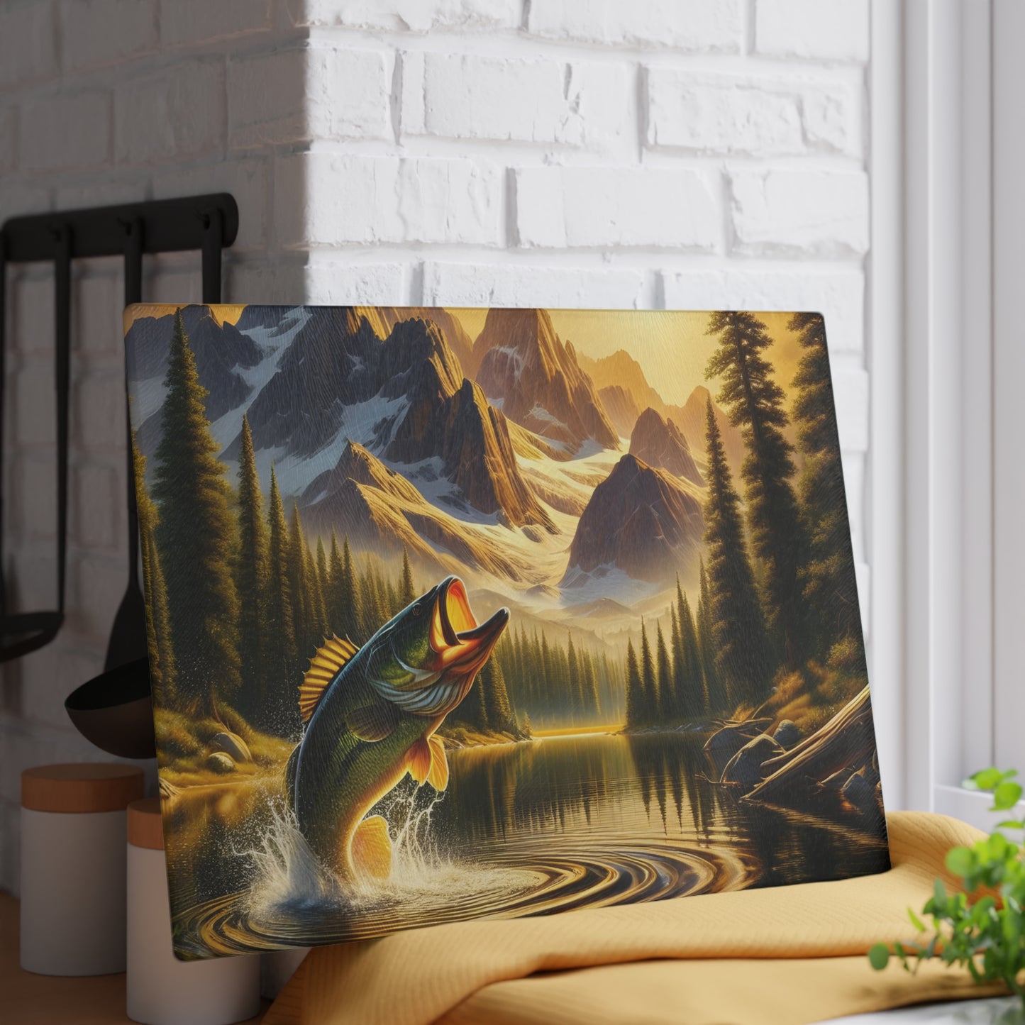 🎣 Mountain Lake Fishing Scene Cutting Board – Perfect for Anglers & Outdoor Enthusiasts 🌲