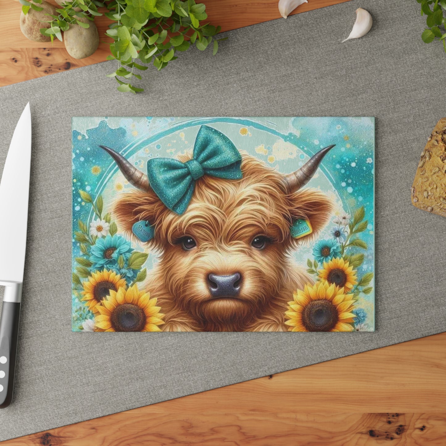 Tabla de cortar de vidrio con diseño de vaca de las Tierras Altas, lazo y girasoles