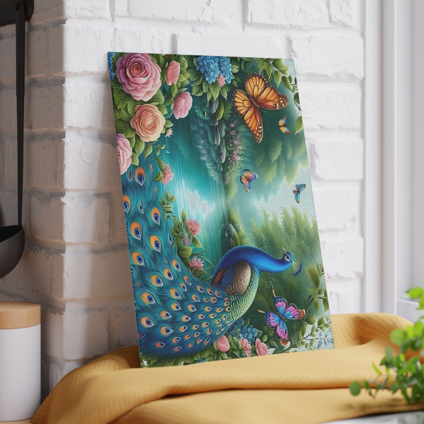 Peacock decor, butterfly decor, cutting board, kitchen decor, kitchen art, serving board, peacock gift, butterfly gift, floral cutting board