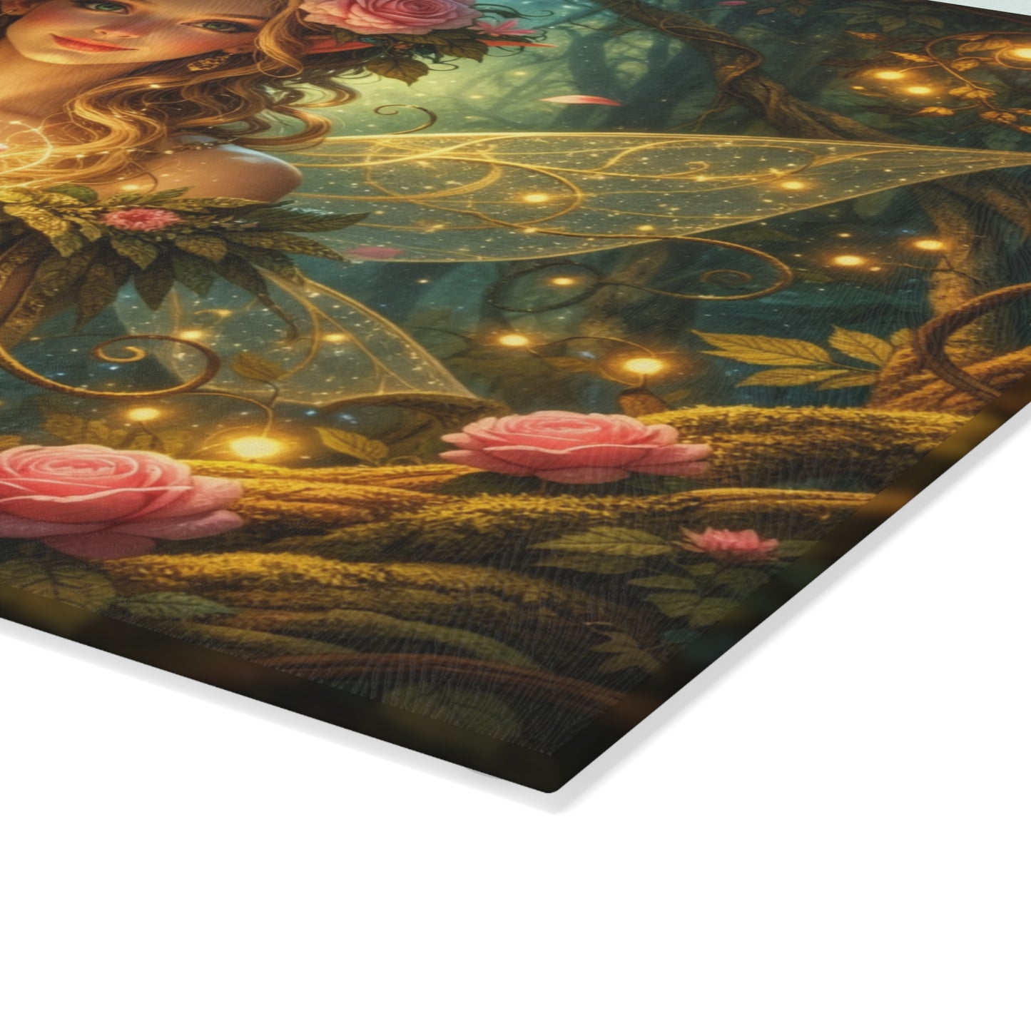 Enchanted Forest Fairy Glass Cutting Board – Magical Rose Fantasy Art Kitchen Decor