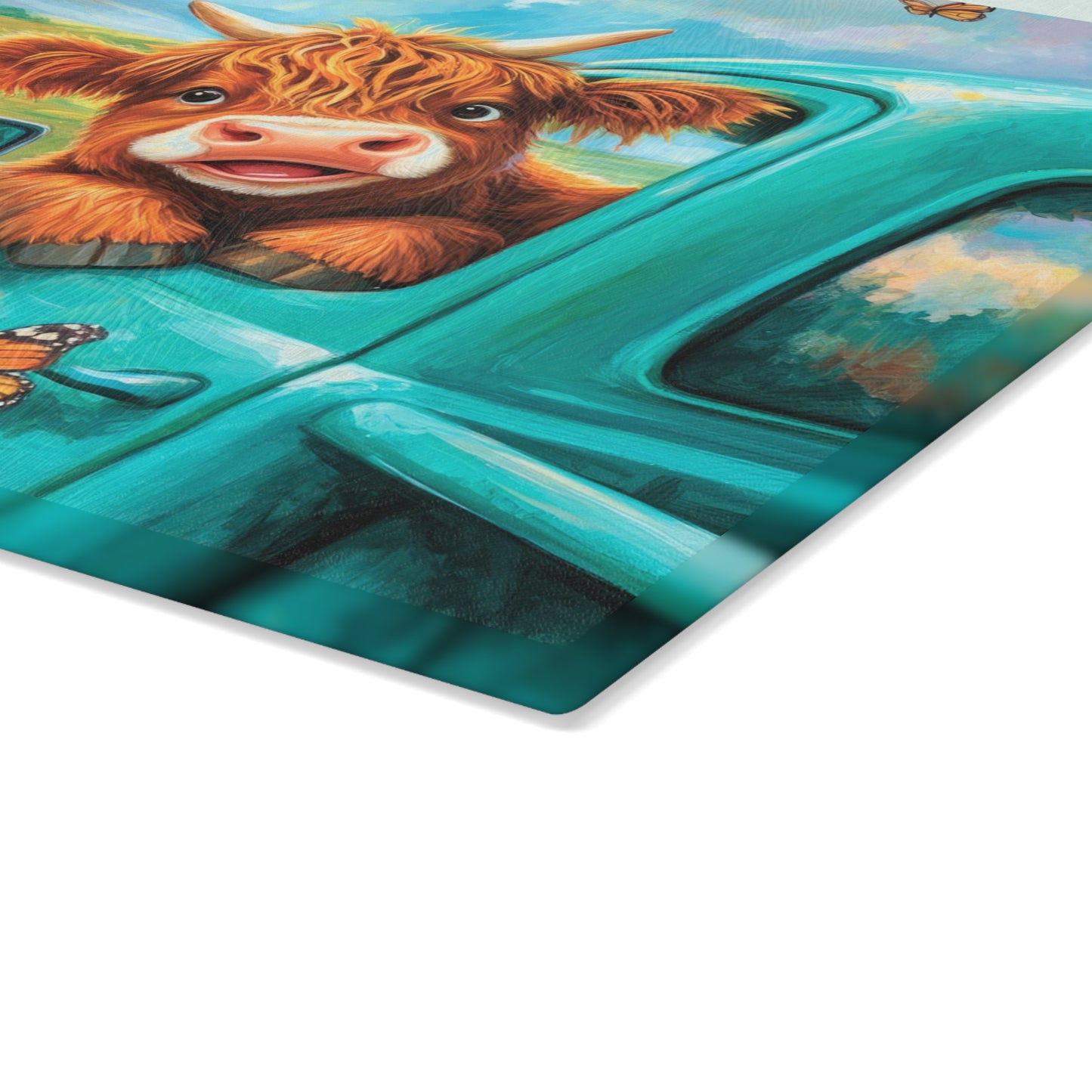 🚜🌻 Baby Highland Cow in Old Truck Glass Cutting Board – Rustic Farm Charm with Sunflowers & Barn 🌼