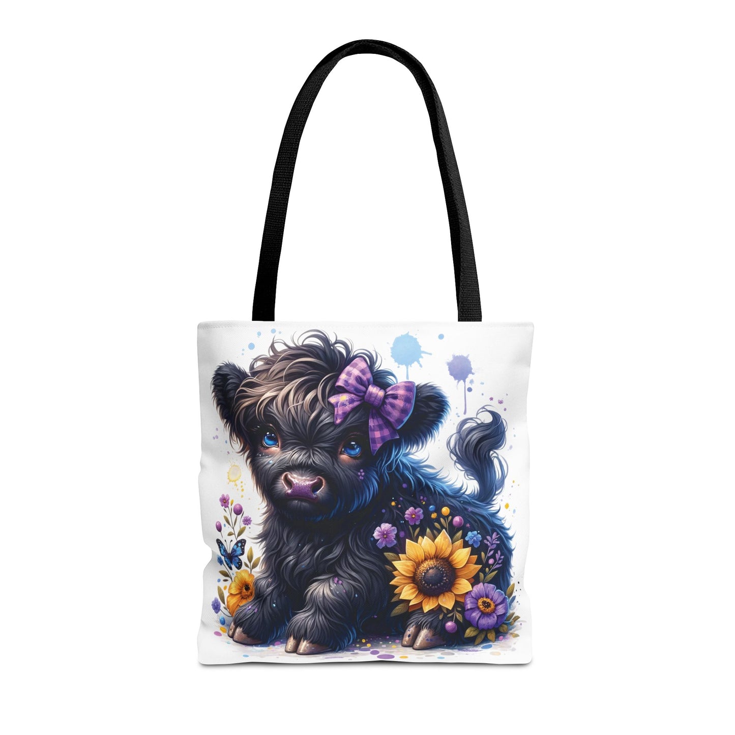 💜 Purple Bow Black Highland Calf Tote Bag – Country Charm with a Pop of Color 🐮👜