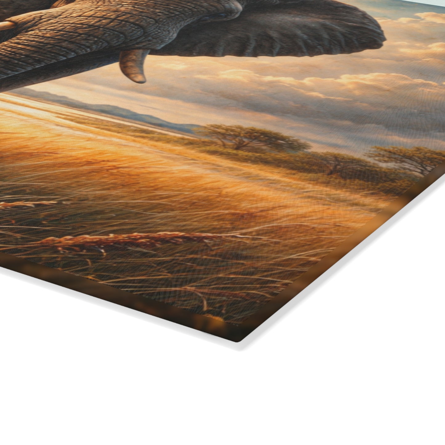 Majestic Elephant Sunset Savanna Glass Cutting Board – Bold Wildlife Landscape Kitchen Art