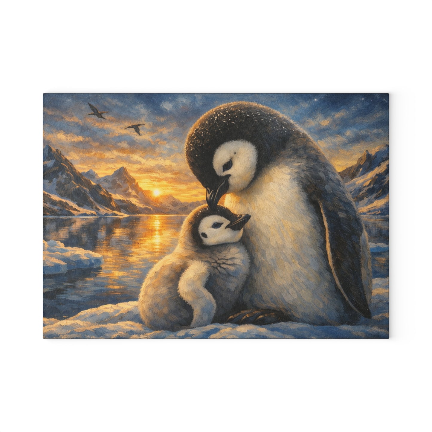 Penguins at Golden Arctic Sunset Glass Cutting Board – Mother and Baby Wildlife Artwork