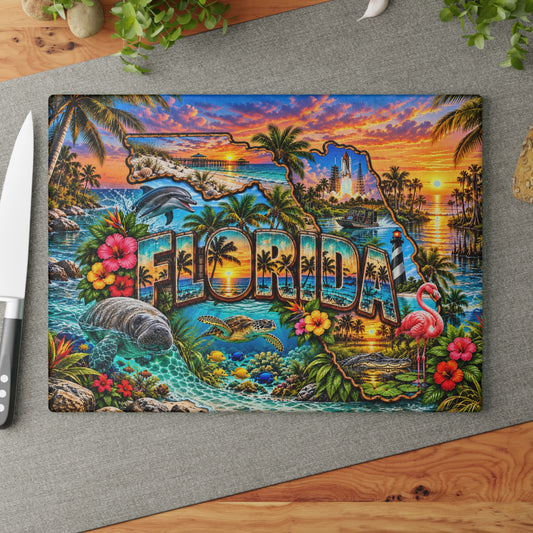 Florida Tropical Paradise Glass Cutting Board – Colorful Sunset, Palm Trees & Coastal Wildlife Kitchen Décor