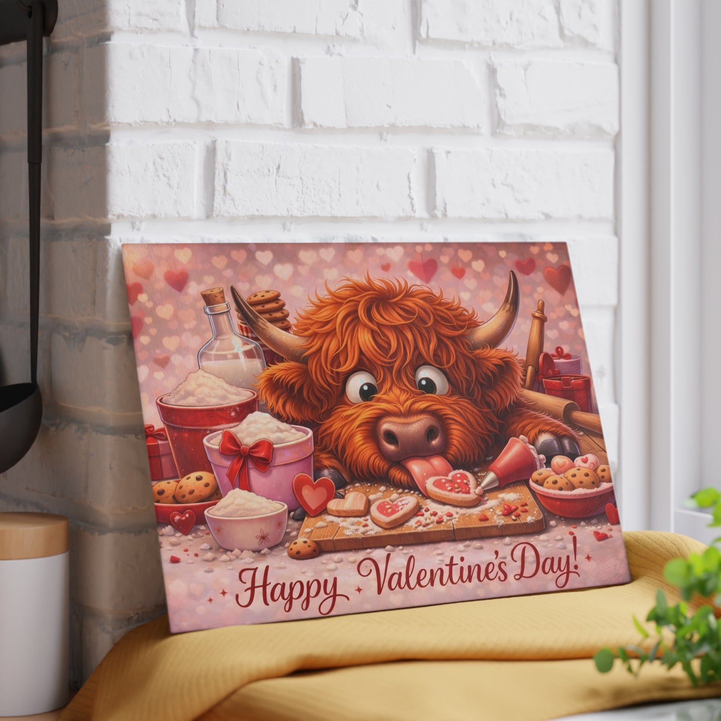 Valentine Highland Cow Baking Glass Cutting Board – Sweet Farmhouse Love Kitchen Decor