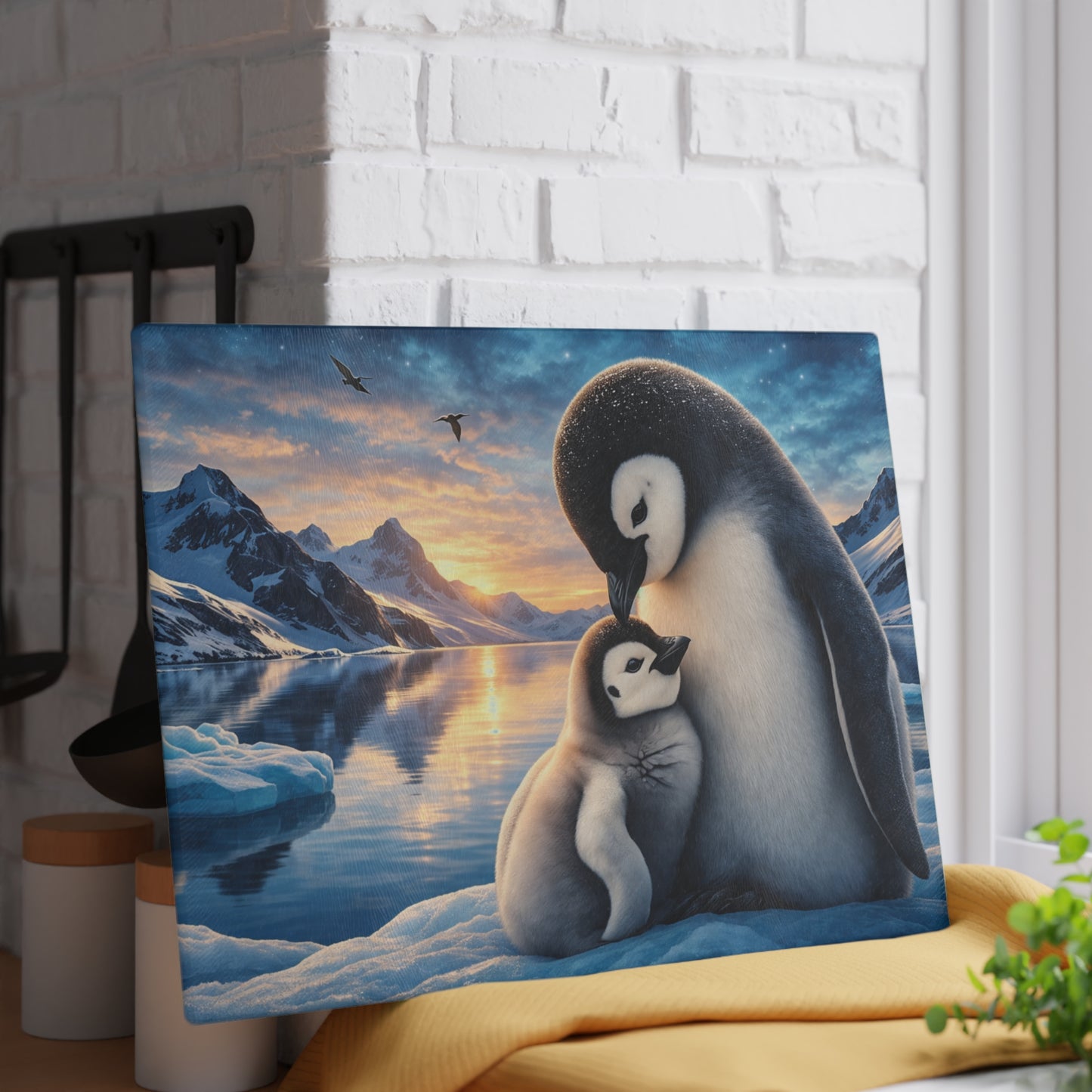 Arctic Penguin Love Glass Cutting Board – Peaceful Polar Wildlife Kitchen Art