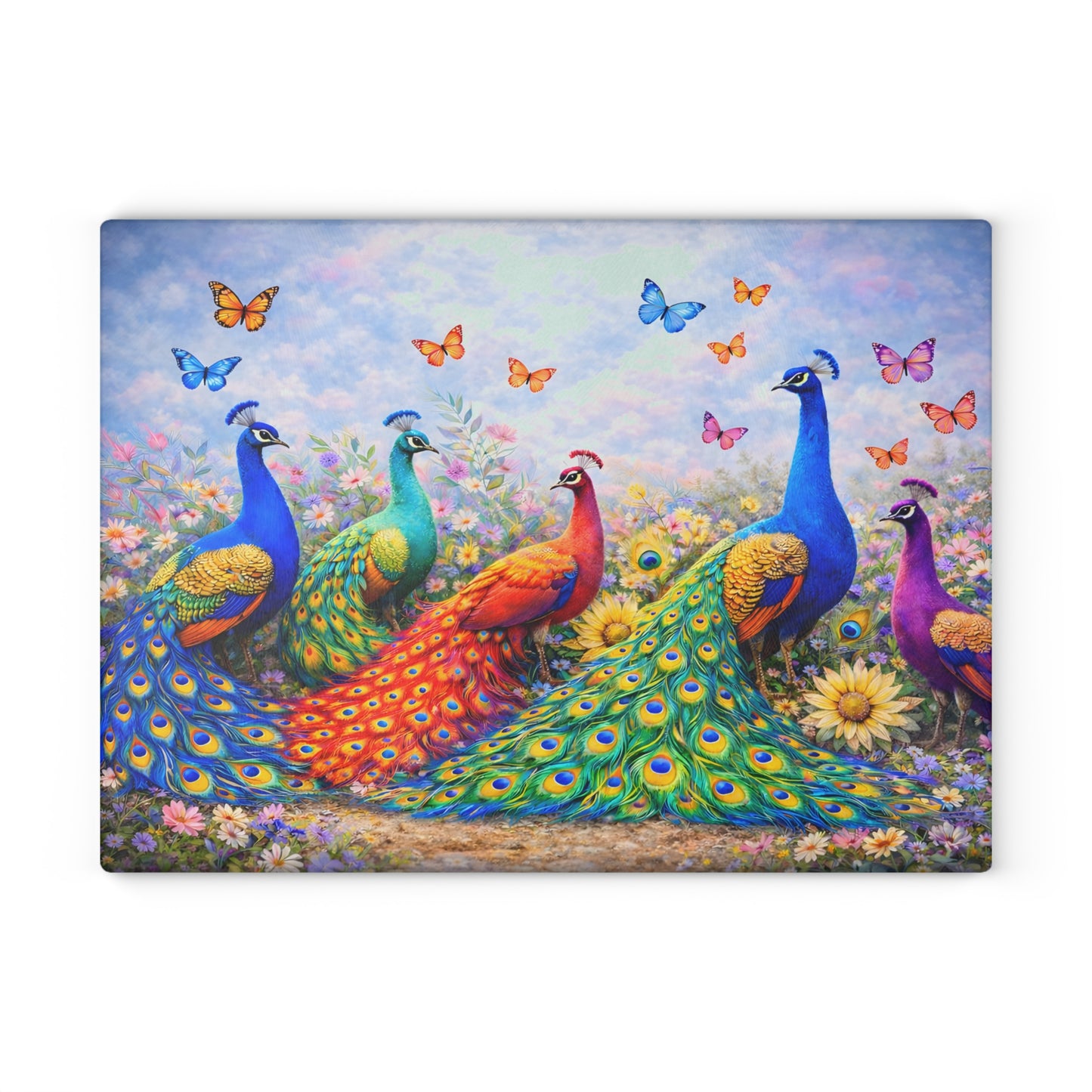 Peacock Glass Cutting Board – Elegant Nature-Inspired Kitchen Accent
