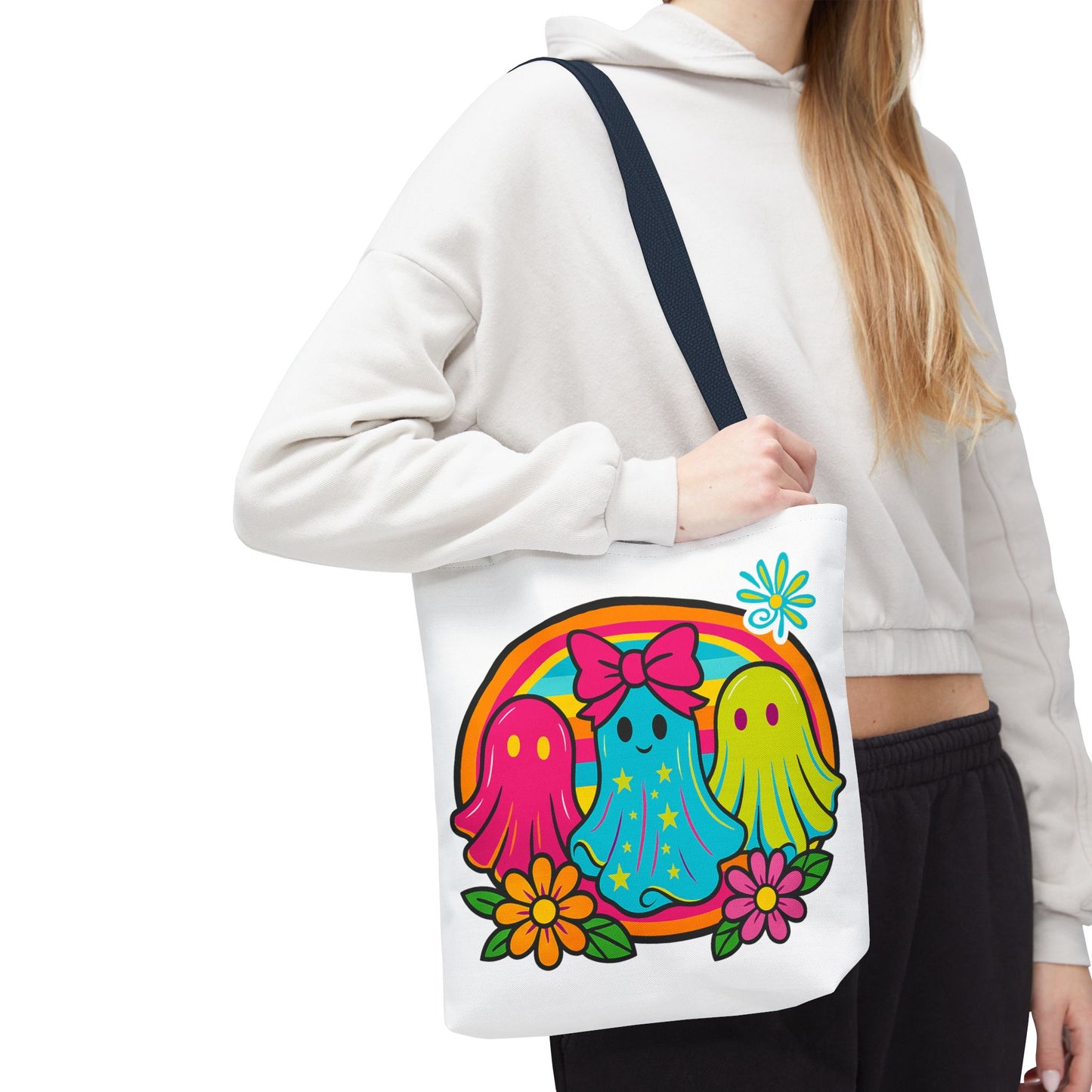 🌈 Retro Rainbow Ghosts Tote Bag – Groovy Spooky Fun 👻👜