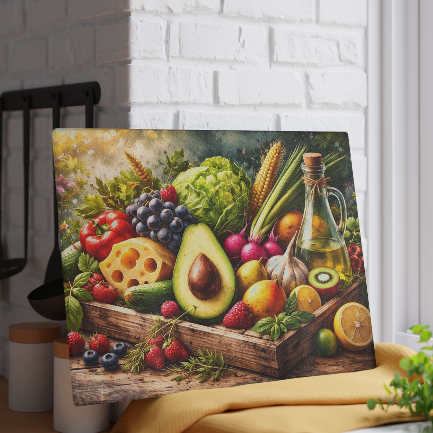 Fresh Harvest Farmhouse Glass Cutting Board – Rustic Market Fruit & Vegetable Kitchen Decor