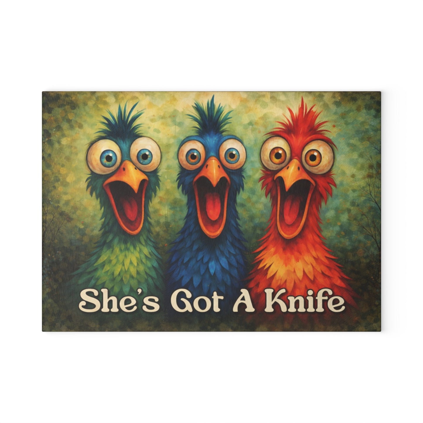 She’s Got a Knife Glass Cutting Board – Colorful Chicken Trio Art with Bold Kitchen Humor