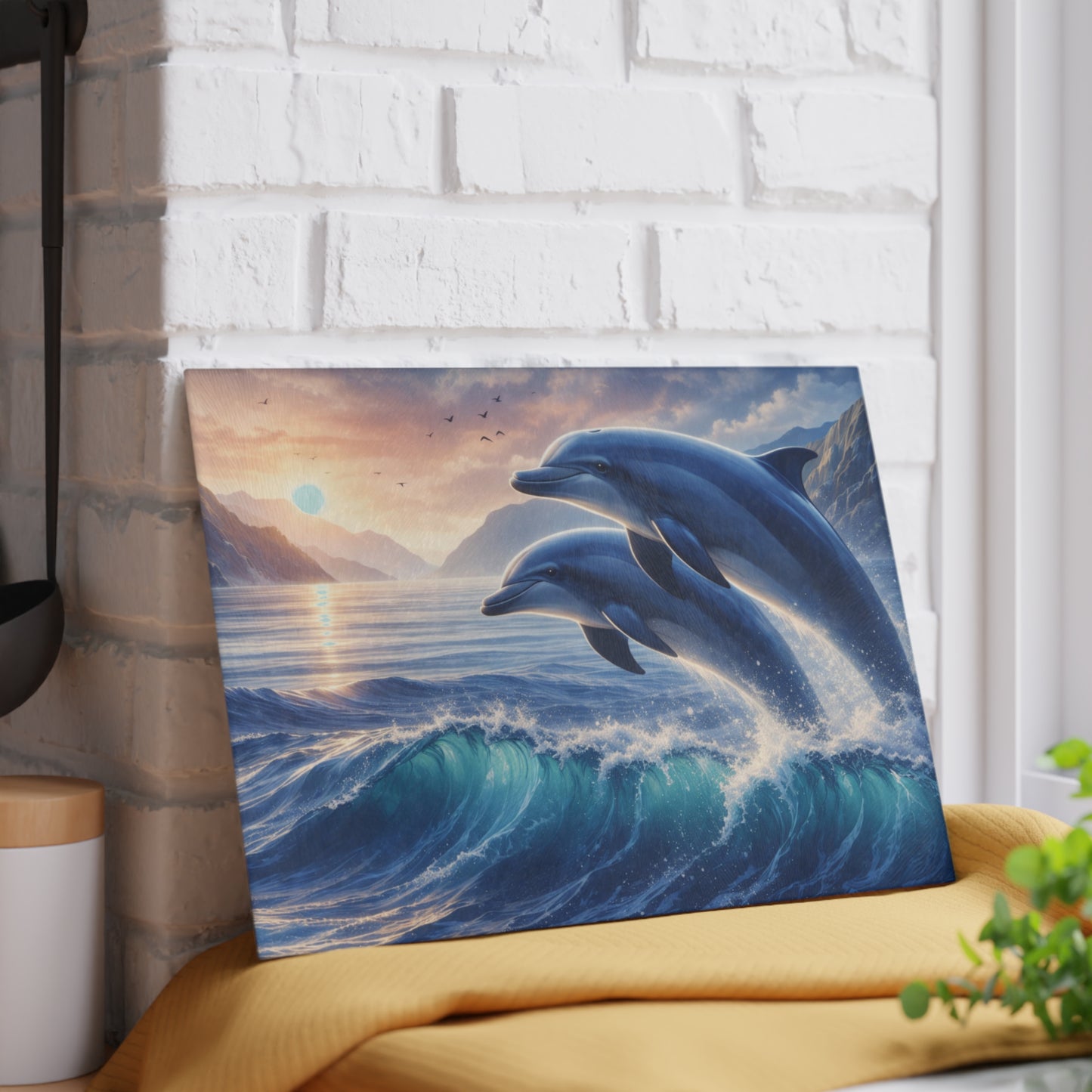 Dolphin Sunset Glass Cutting Board – Ocean-Inspired Artwork with Joyful Dolphins