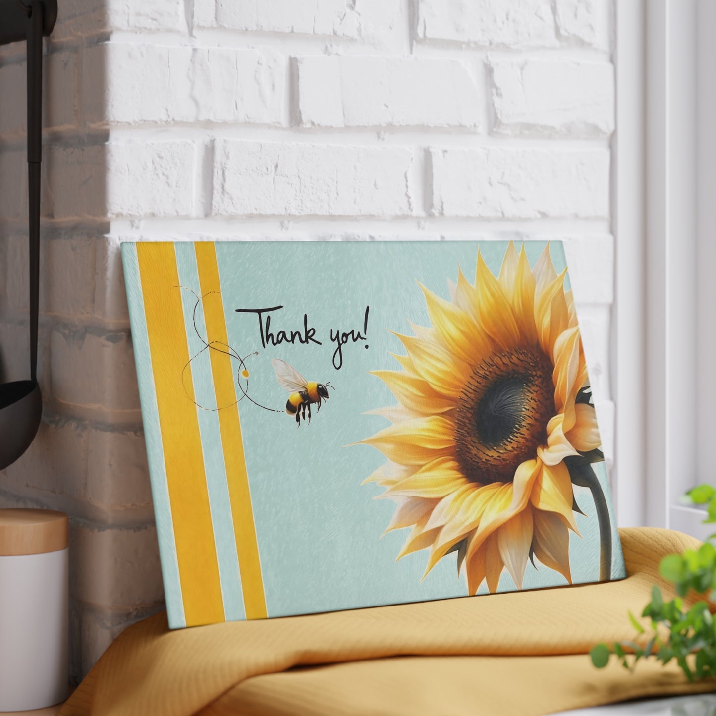 ¡Gracias! Tabla de cortar de vidrio con diseño de girasol y abeja: decoración floral brillante para la cocina
