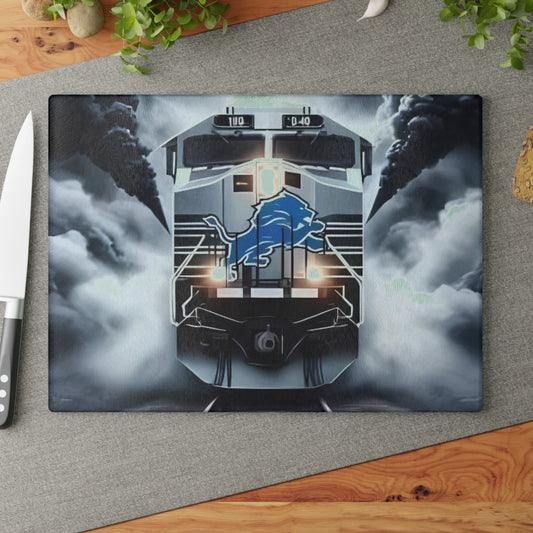 Tabla de cortar de vidrio Express en azul claro y plateado: elegante diseño de tren para cocinas modernas y elegantes