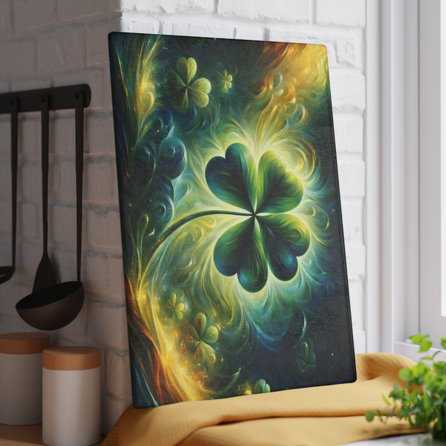 Luminous Shamrock Abstract Glass Cutting Board – St. Patrick’s Day Kitchen Art