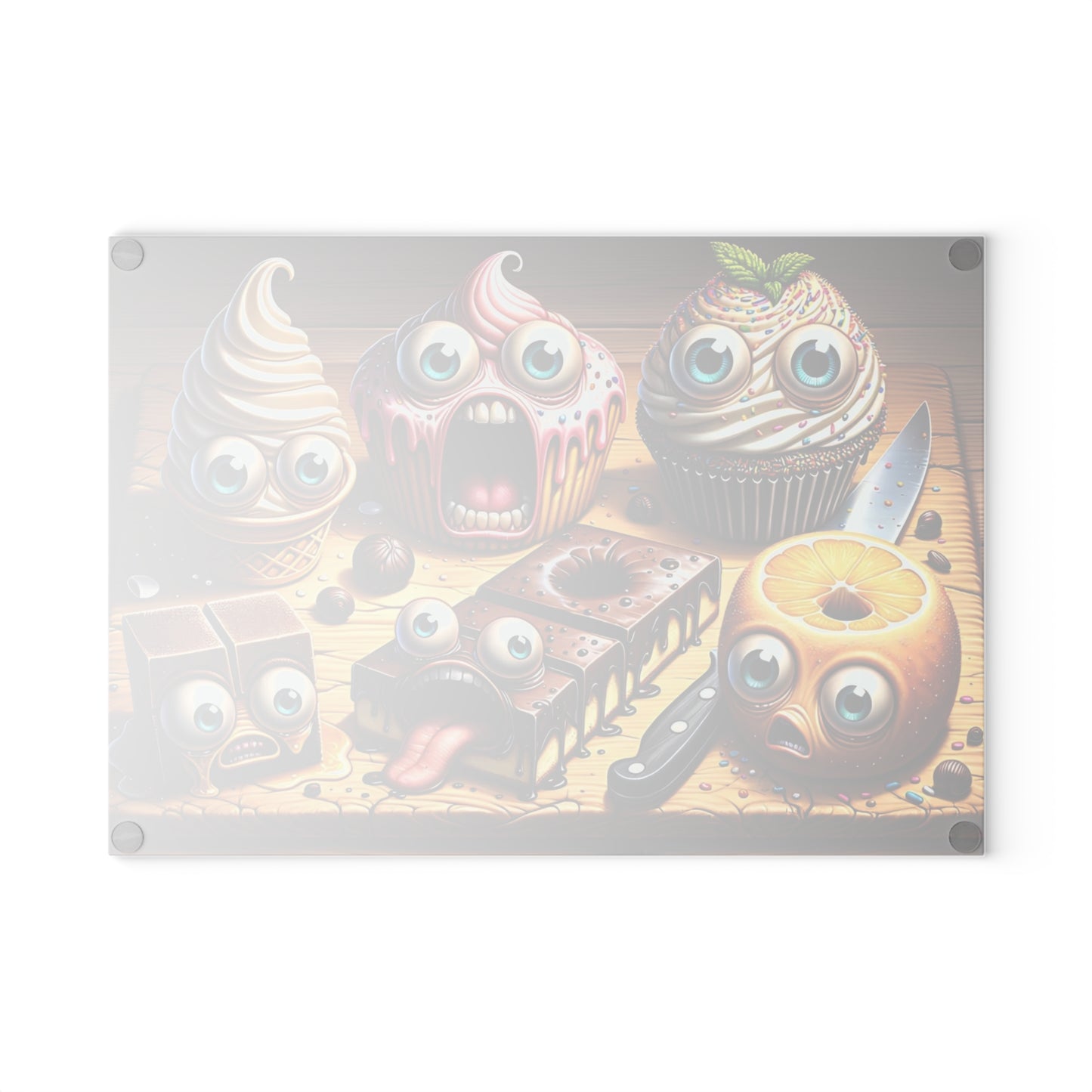 🍰🤣 “Sweet Squad Shenanigans” Glass Cutting Board – Fun Dessert Vibes for Your Kitchen
