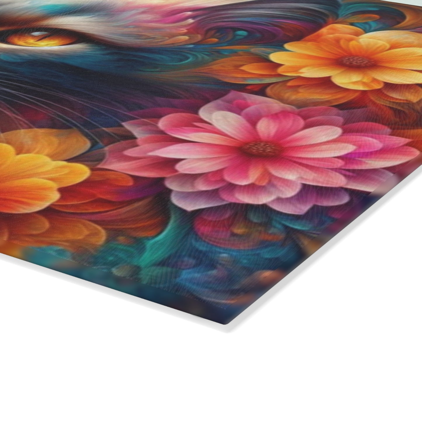 Tabla de cortar con diseño de gato colorido y flores: un encanto caprichoso para los amantes de los gatos