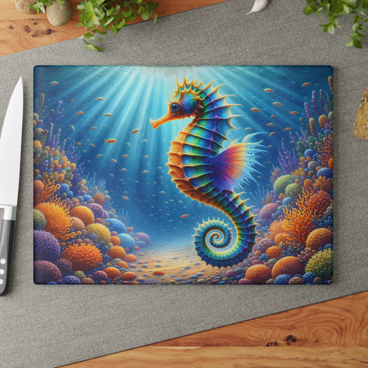 Radiant Seahorse Glass Cutting Board – Colorful Coral Reef Ocean Art