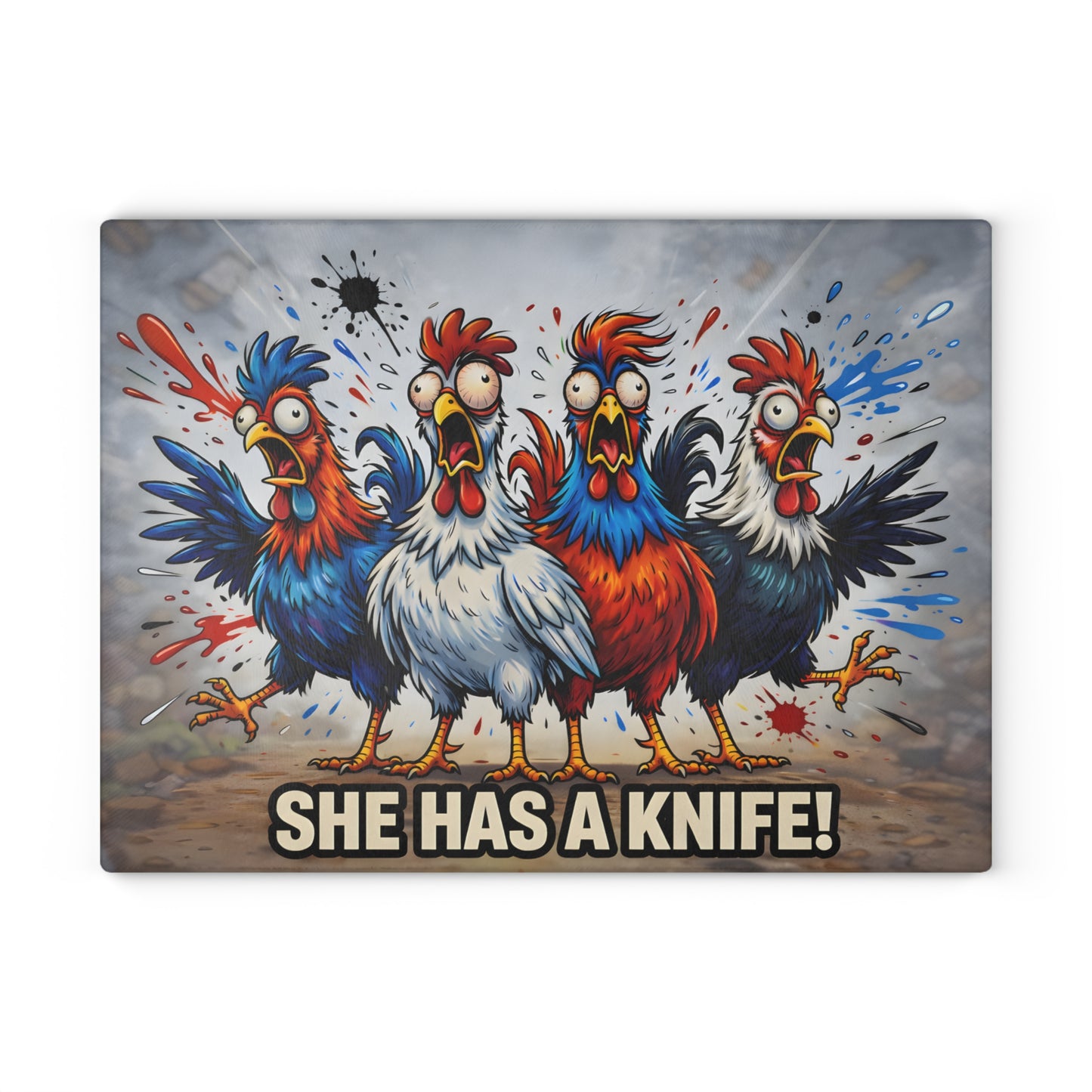She Has a Knife! Glass Cutting Board – Bold Funny Chicken Kitchen Art