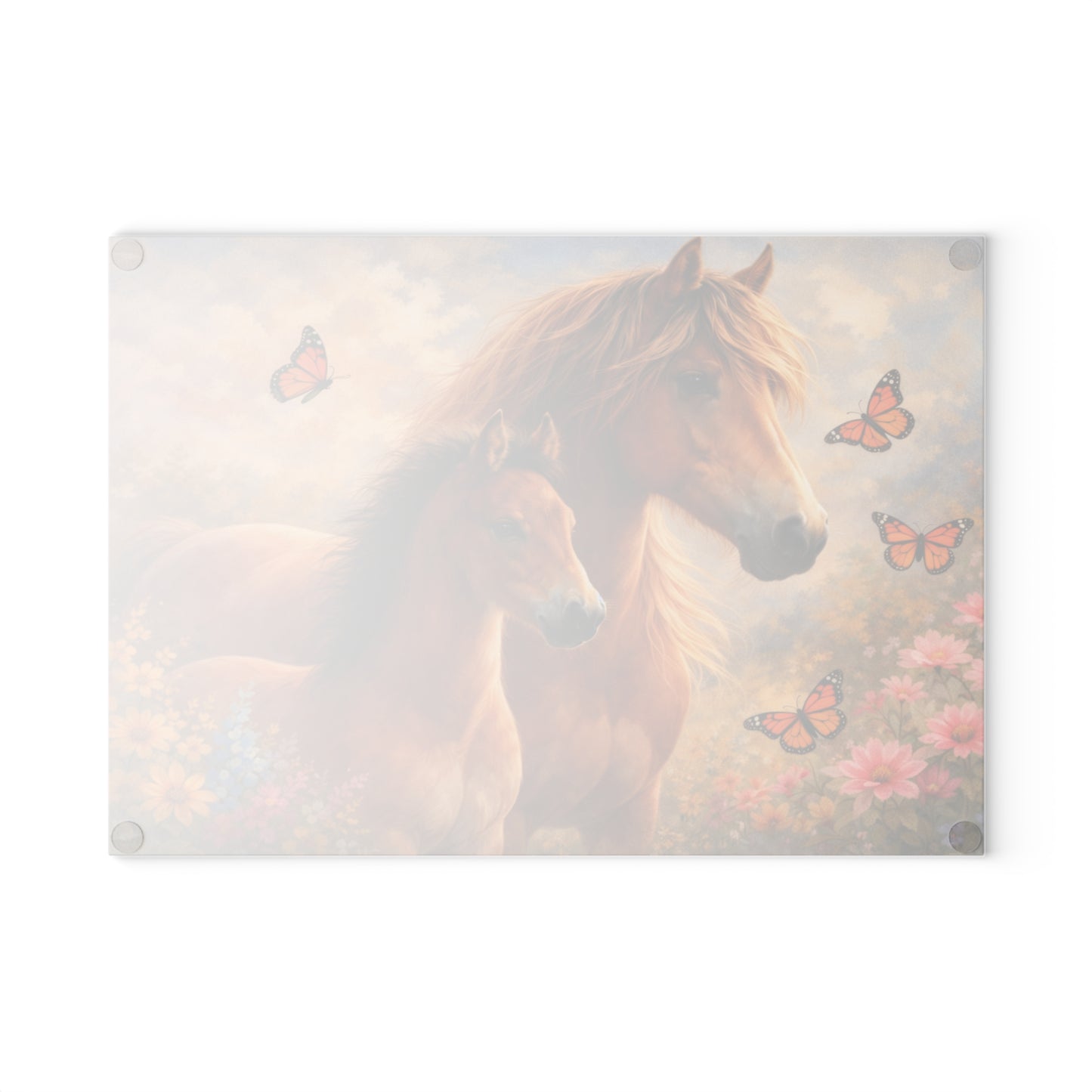 Mother and Foal Floral Glass Cutting Board – Rustic Country Kitchen Decor