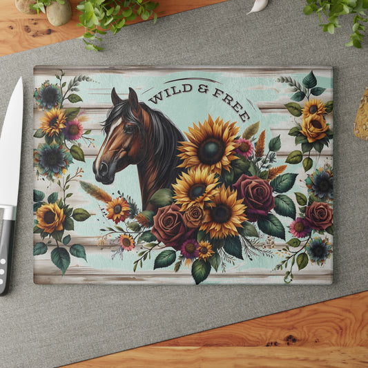🌻🐎 Wild & Free Horse Cutting Board – Rustic Farmhouse Charm with Sunflowers & Roses 🌹🌾