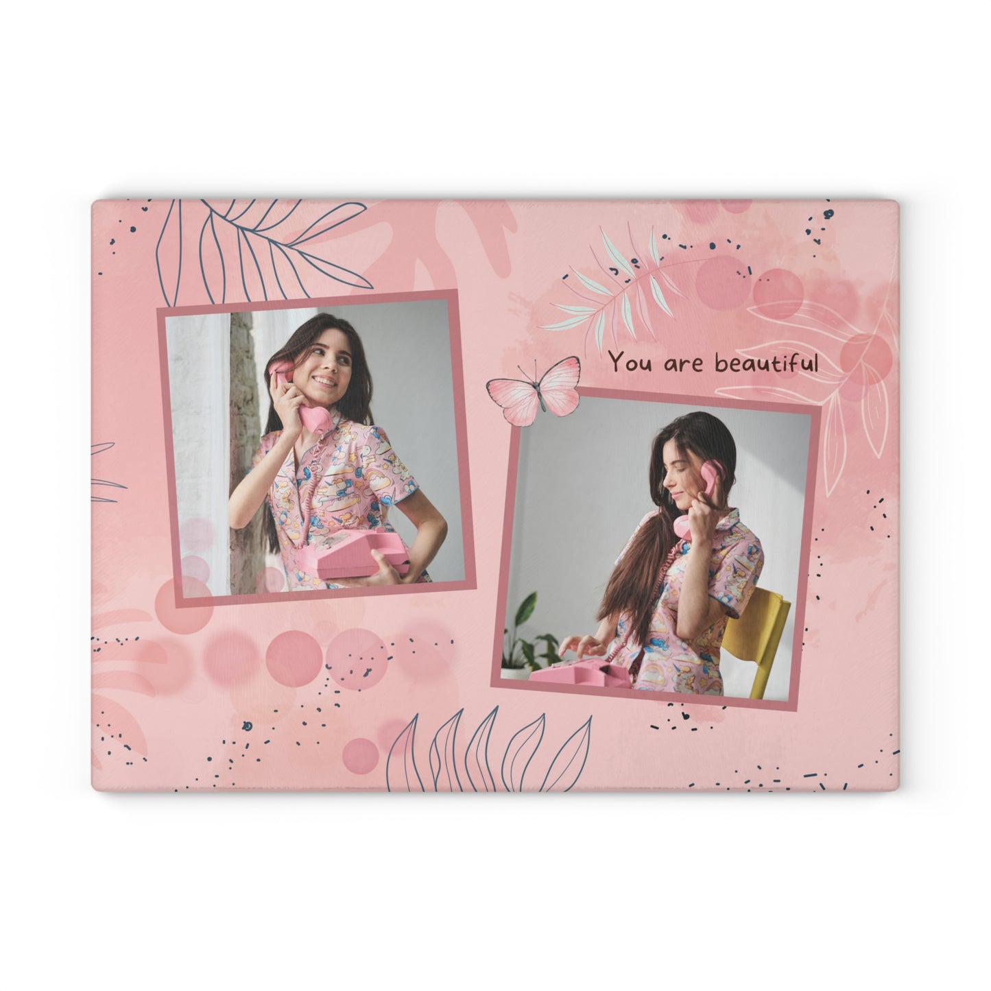 You Are Beautiful Photo Collage Glass Cutting Board – Pink Butterfly Inspirational Keepsake