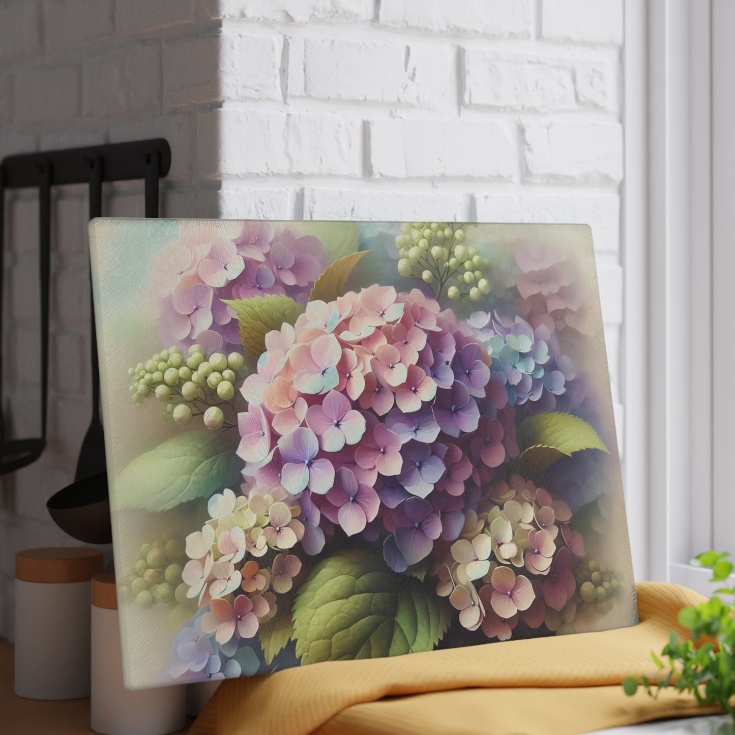 Tabla de cortar de vidrio templado con flores de hortensia: elegante decoración floral para la cocina, regalo único, tabla de cortar de vidrio, tabla para charcutería, tabla de cortar personalizada, flores