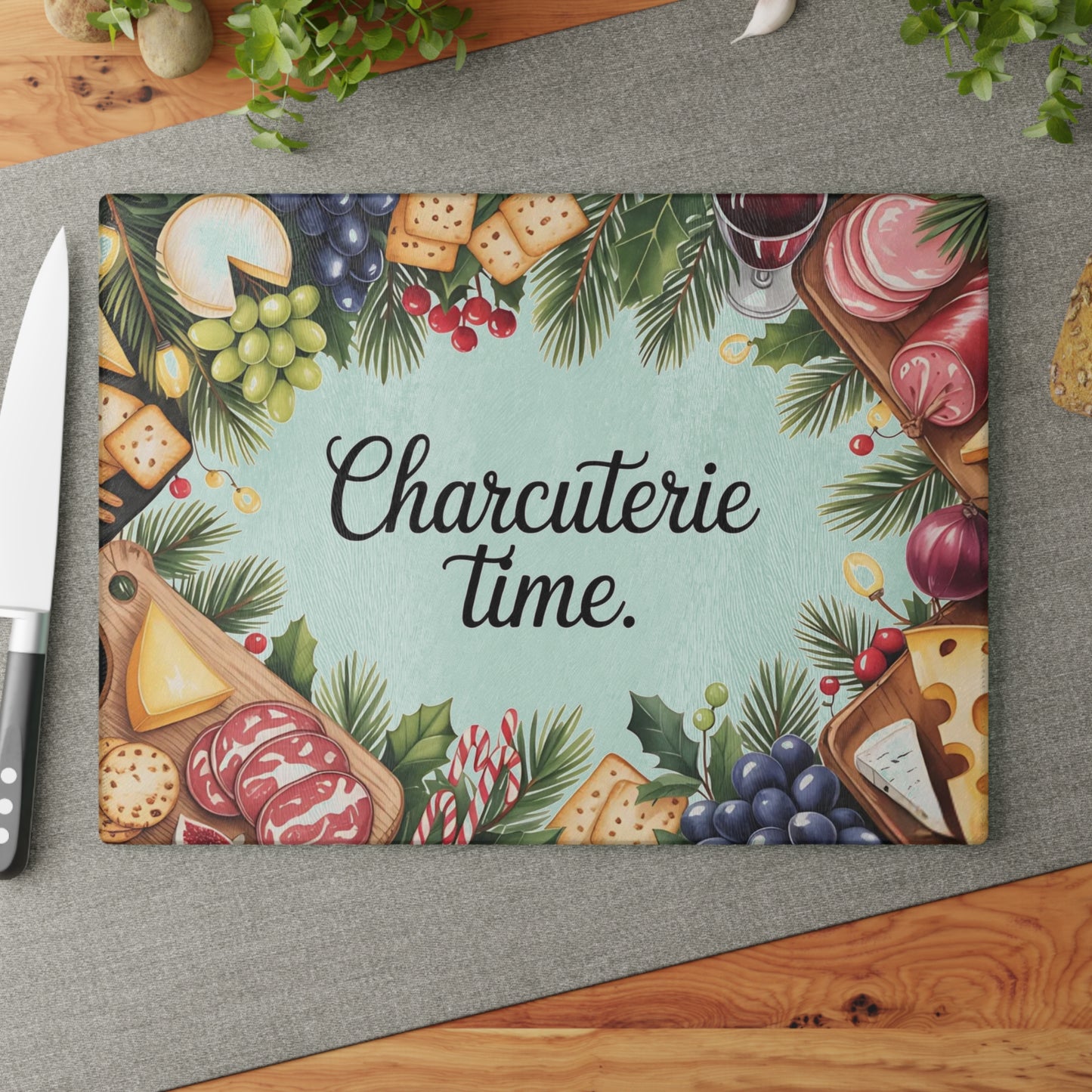 🧀🍇 “Snack Board Time” Glass Cutting Board – Festive Spread Vibes for Your Kitchen