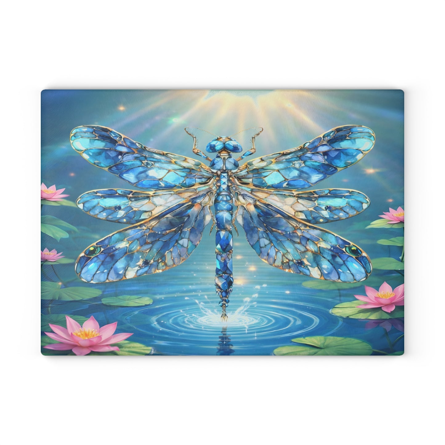 Radiant Dragonfly Glass Cutting Board – Tranquil Pond Art Kitchen Decor