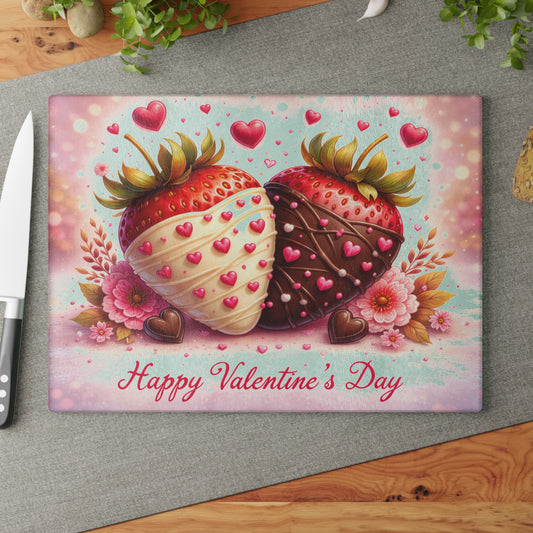 Chocolate-Covered Strawberries Valentine Glass Cutting Board – Romantic Kitchen Art Gift