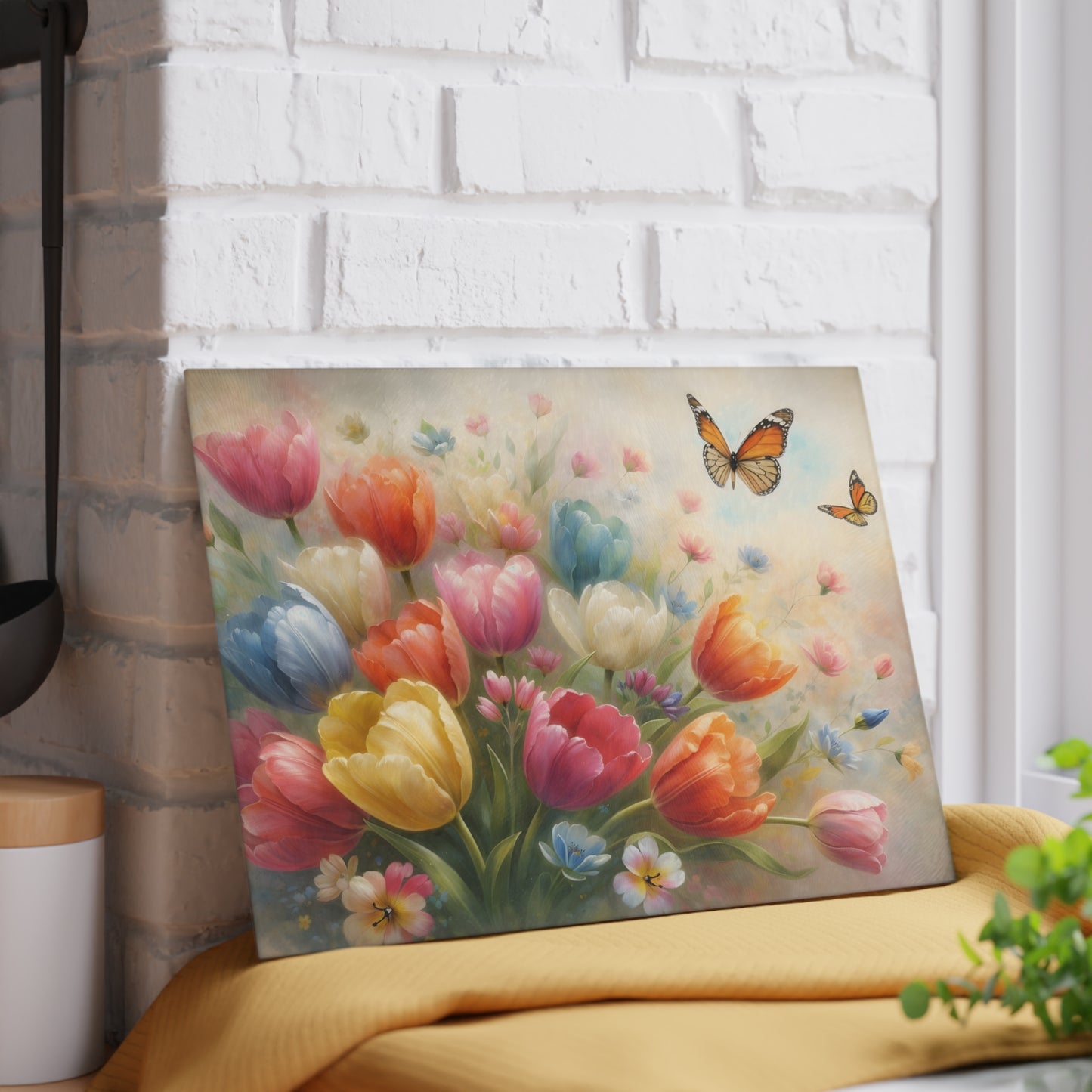 Tulips and Butterflies Glass Cutting Board – Elegant Floral Spring Kitchen Art