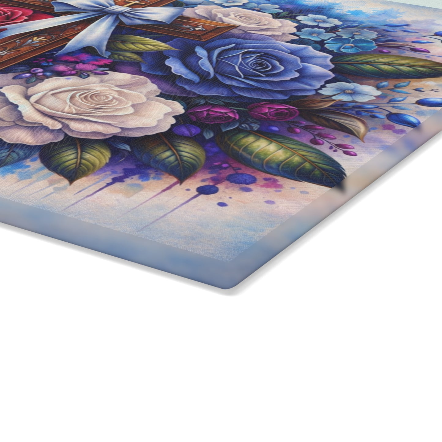 Floral Cross Glass Cutting Board – Faith-Inspired Christian Kitchen Art