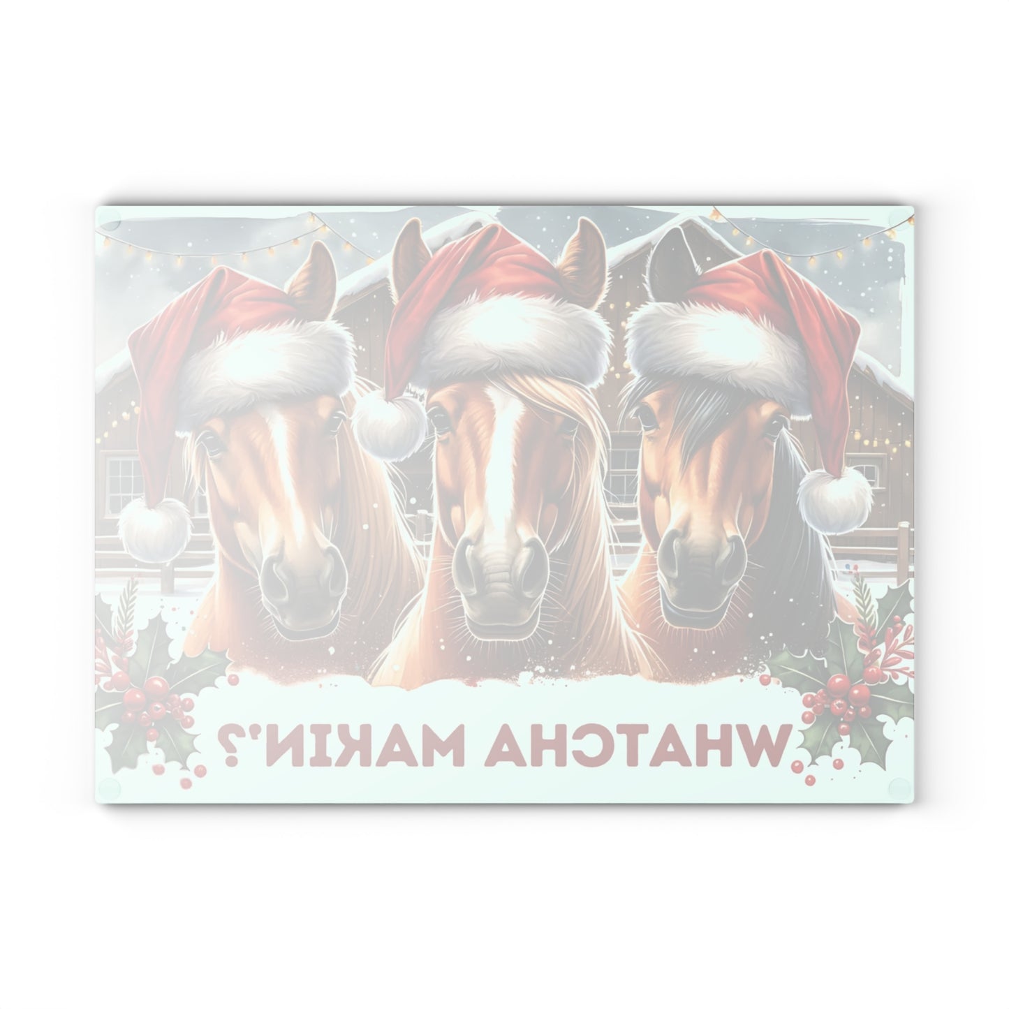 🐴🎄 “Whatcha Makin’?” Holiday Horses Glass Cutting Board – Cozy Charm for Your Kitchen