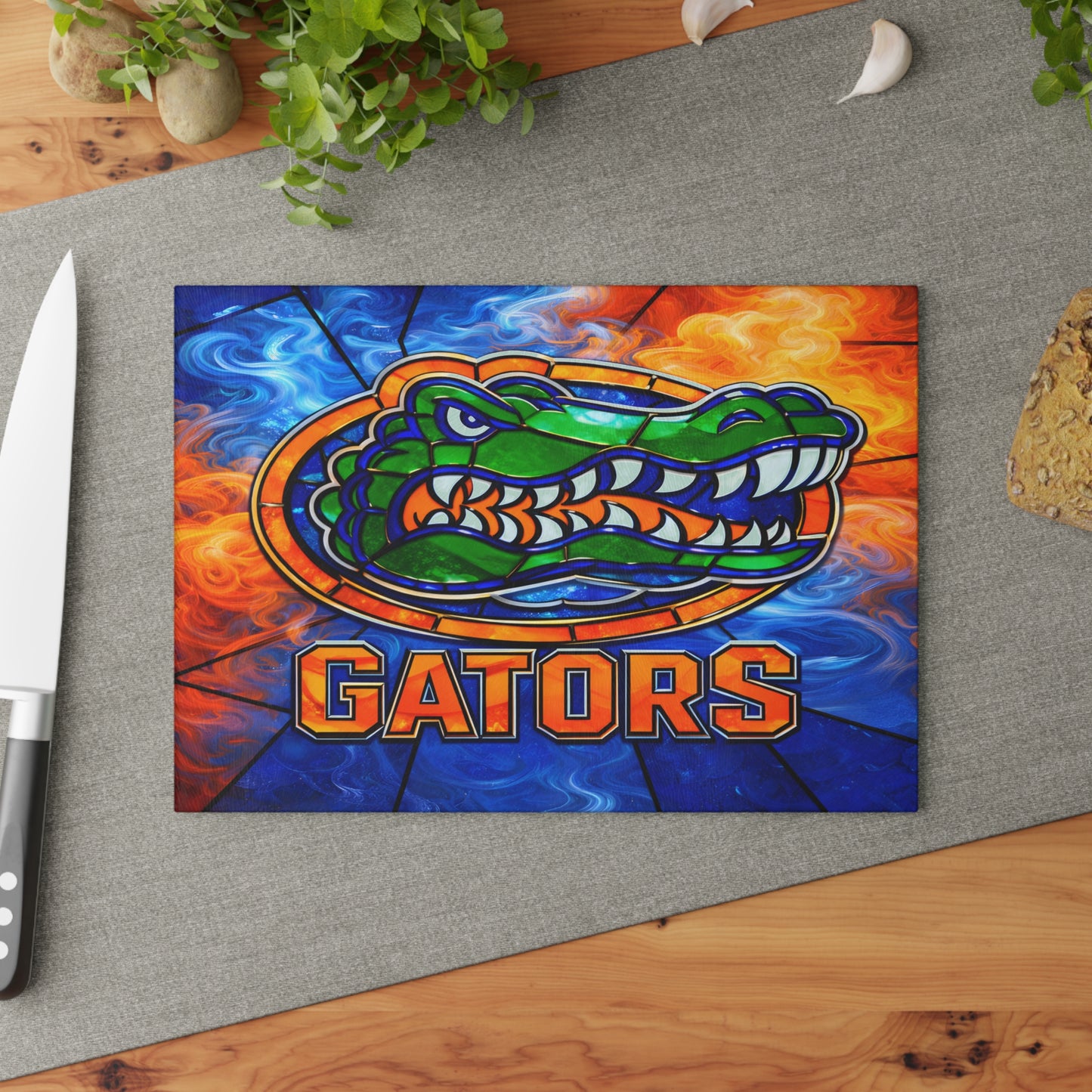 Stained Glass Reptile Glass Cutting Board – Bold Flame & Water Art Kitchen Decor