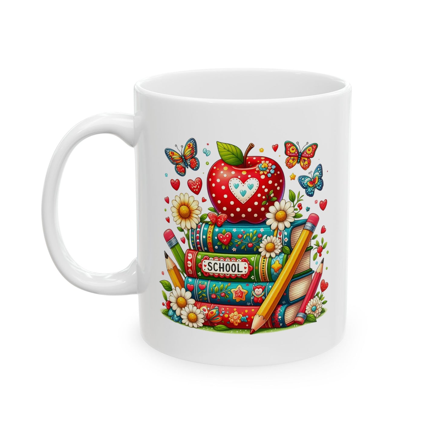 🍎 Teacher Love Back-to-School Mug – Bright Books & Butterflies 🌼
