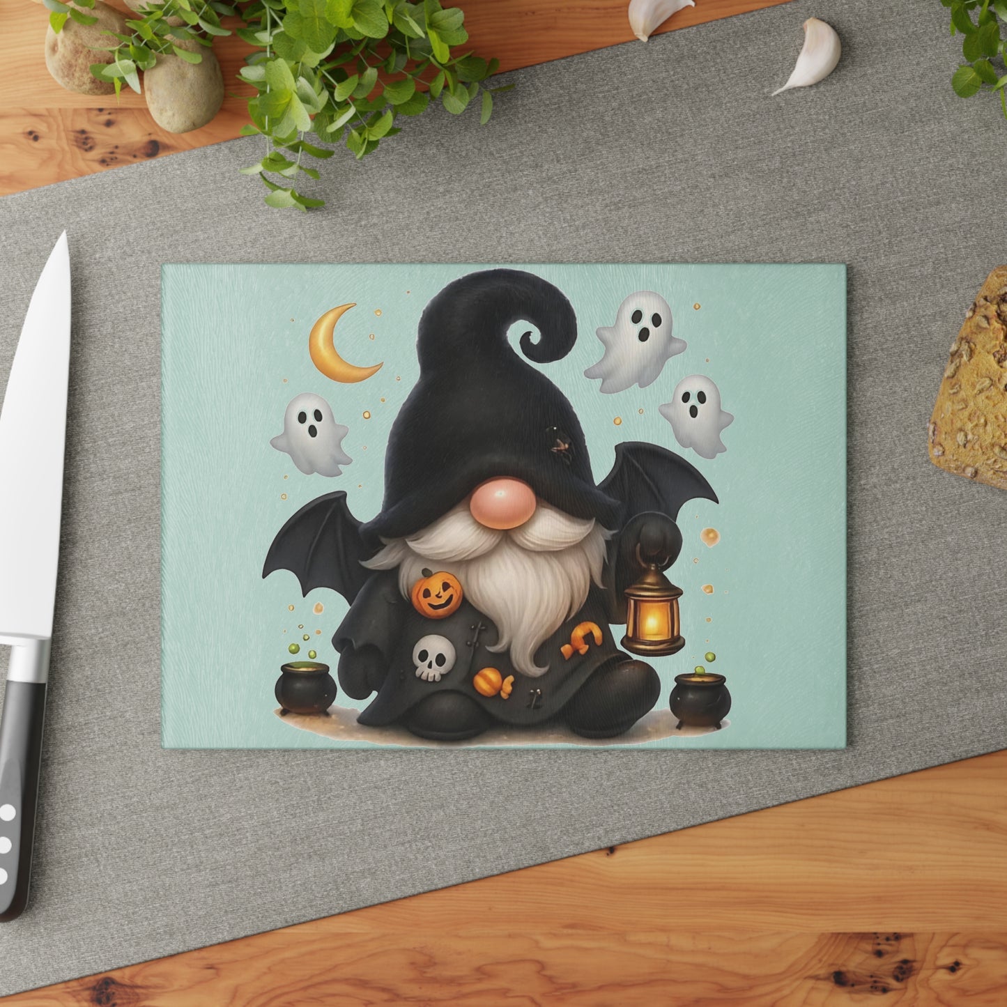 🎃🧙‍♂️ Spooky Halloween Gnome Cutting Board – Haunted Kitchen Décor with Ghosts & Lanterns 👻🕯️