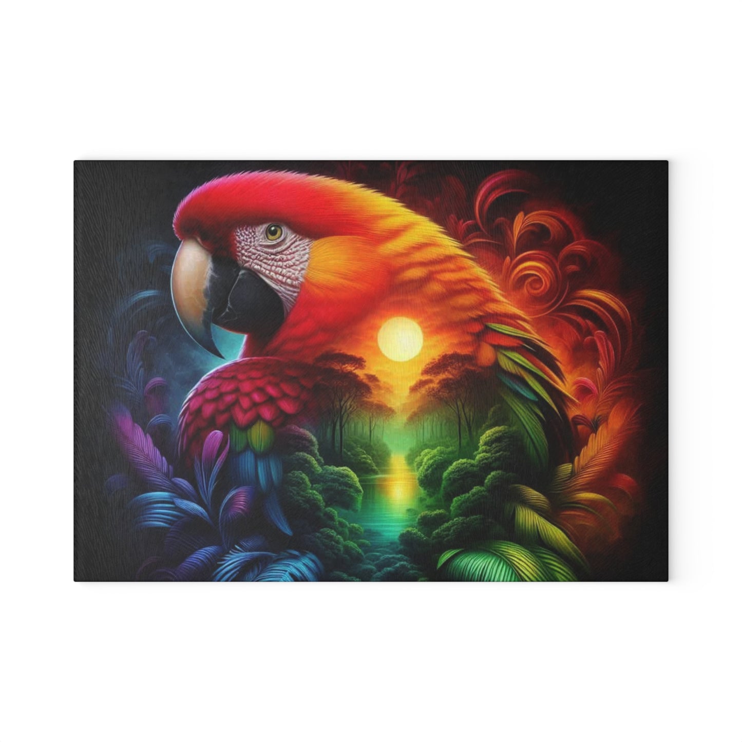 🦜🌈 Tropical Parrot Sunset Cutting Board – Vibrant Color & Warm Jungle Glow for Your Kitchen