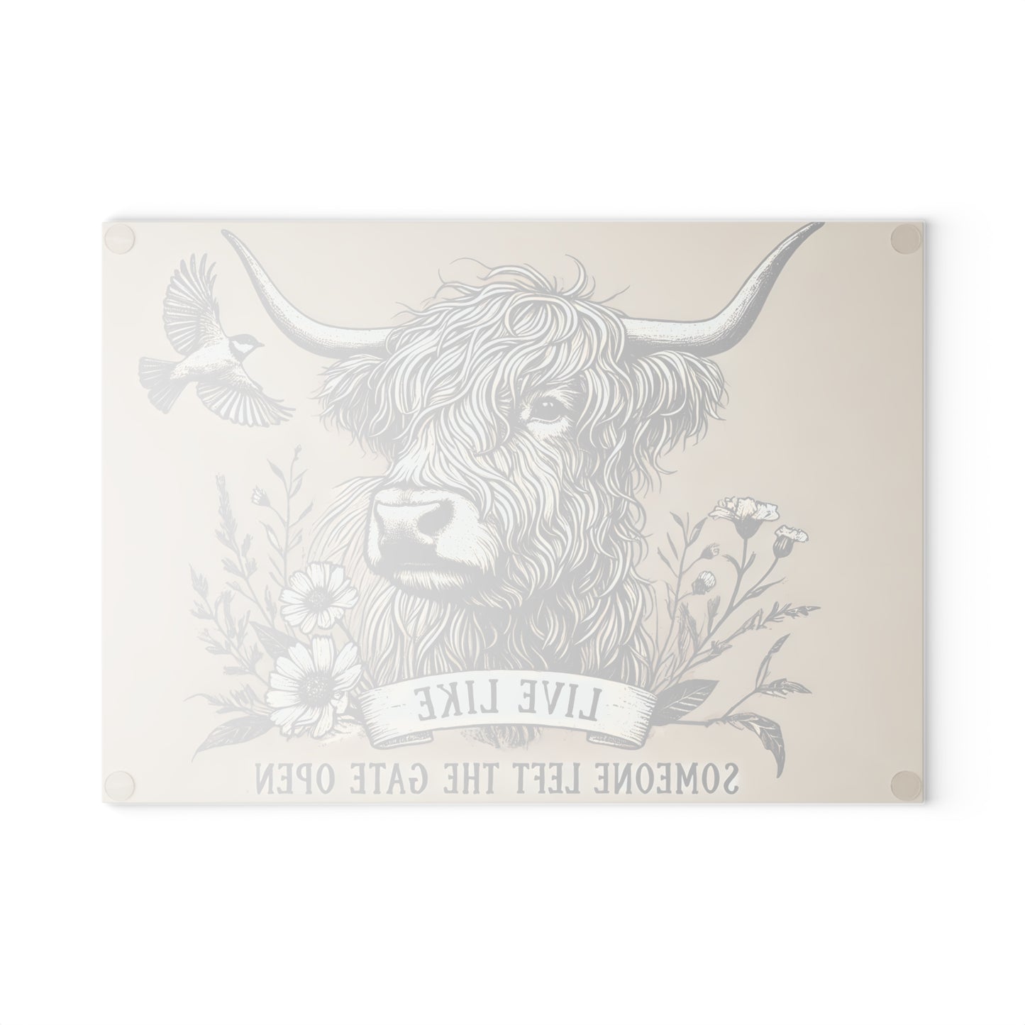 🐮 “Live Like Someone Left the Gate Open” Sketch Highland Cow Cutting Board – Rustic Farmhouse Charm for Your Kitchen