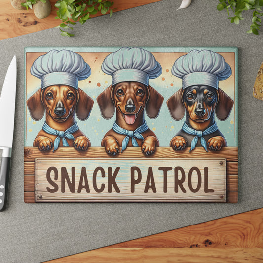 🐾🍪 “Snack Patrol Dachshunds” Glass Cutting Board – Playful Pup Energy for Your Kitchen