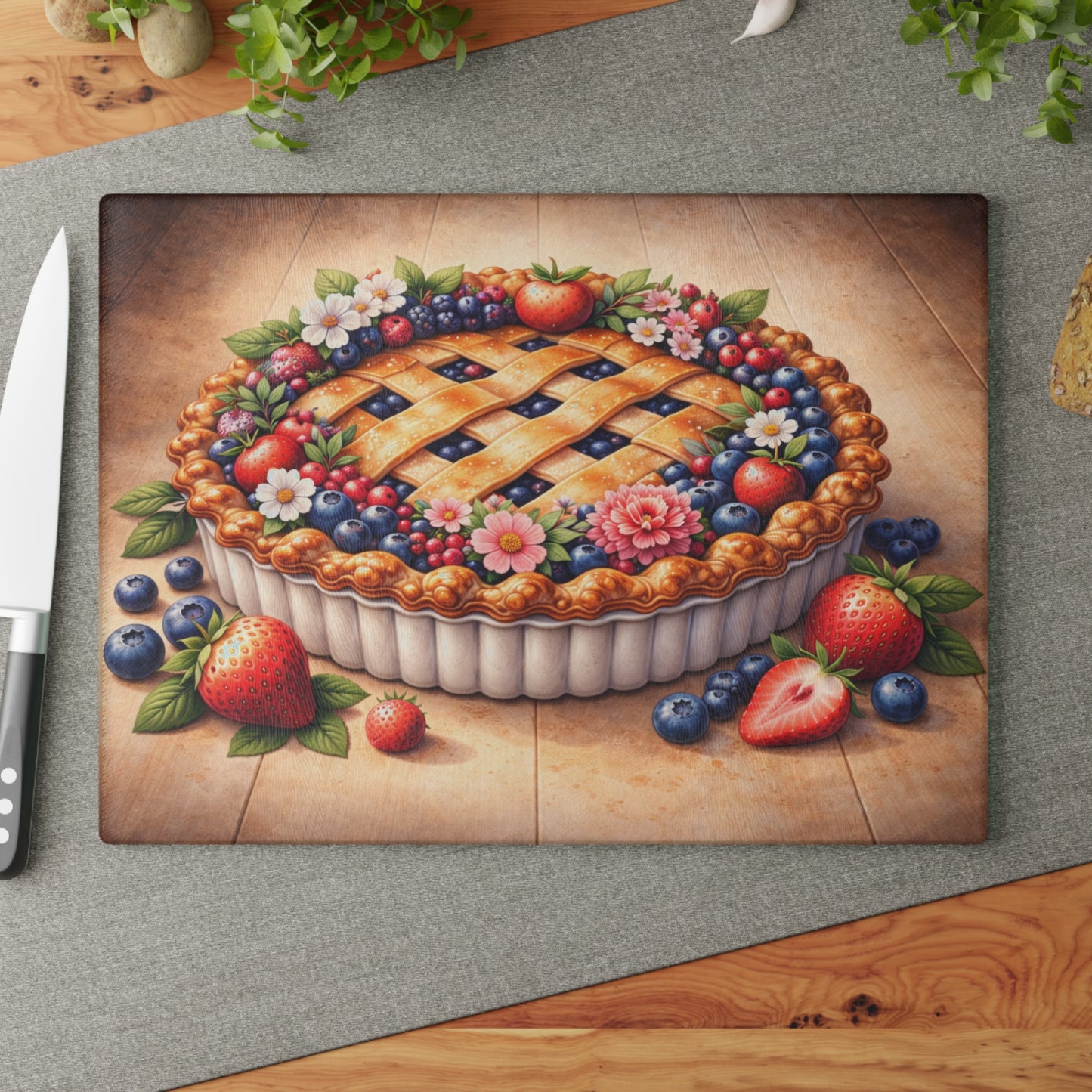 Berry Blossom Pie Glass Cutting Board – Vintage Farmhouse Dessert Kitchen Art